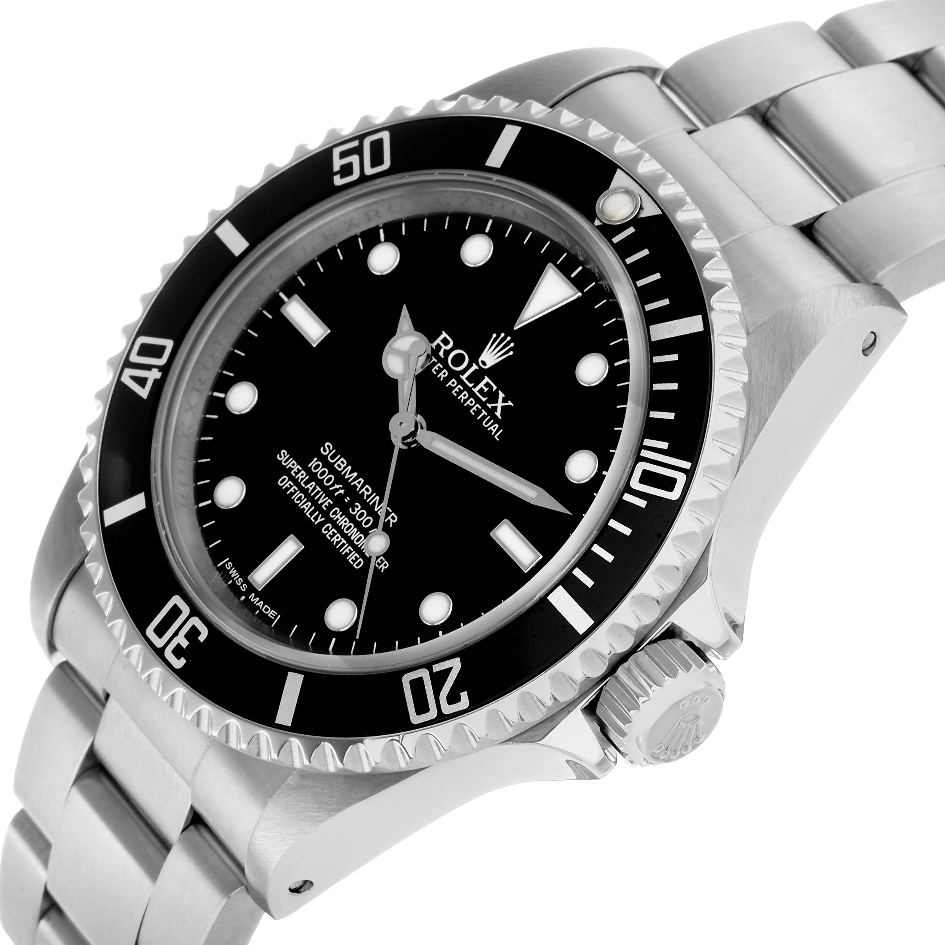 The image shows a Rolex Submariner 14060 Men
s Stainless Steel Black Dial watch at an angled view, highlighting the bezel, dial, bracelet, and crown.