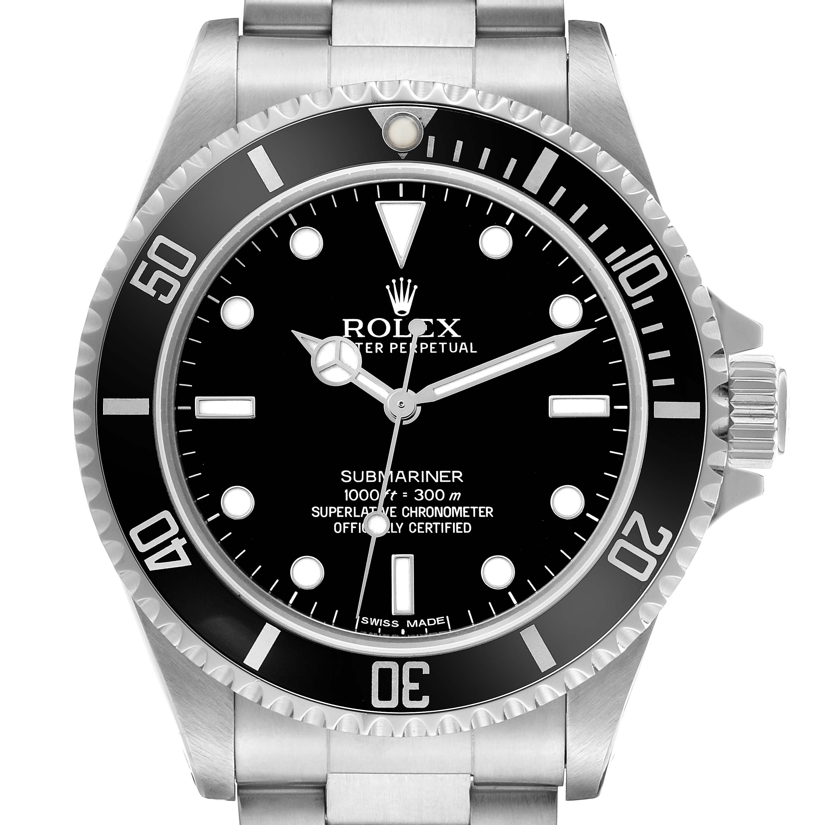 The Rolex Submariner 14060 Men
s Stainless Steel Black Dial is shown from a front angle, highlighting the dial, bezel, and part of the bracelet.