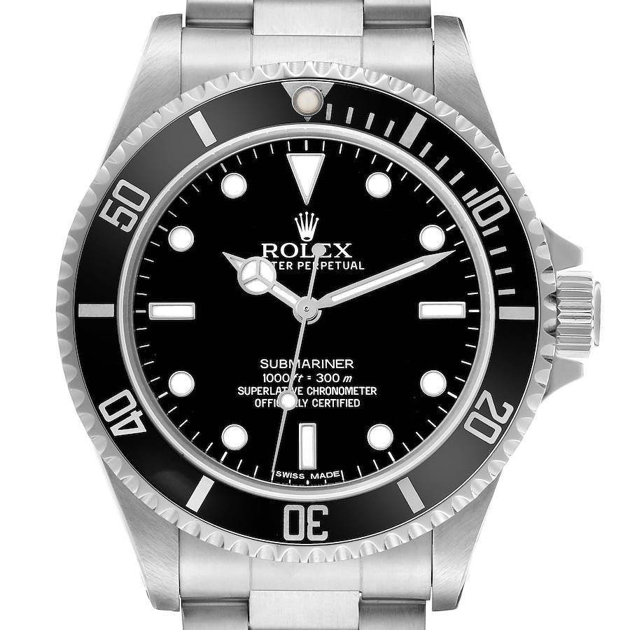 The Rolex Submariner 14060 Men's Stainless Steel Black Dial is shown from a front angle, highlighting the dial, bezel, and part of the bracelet.