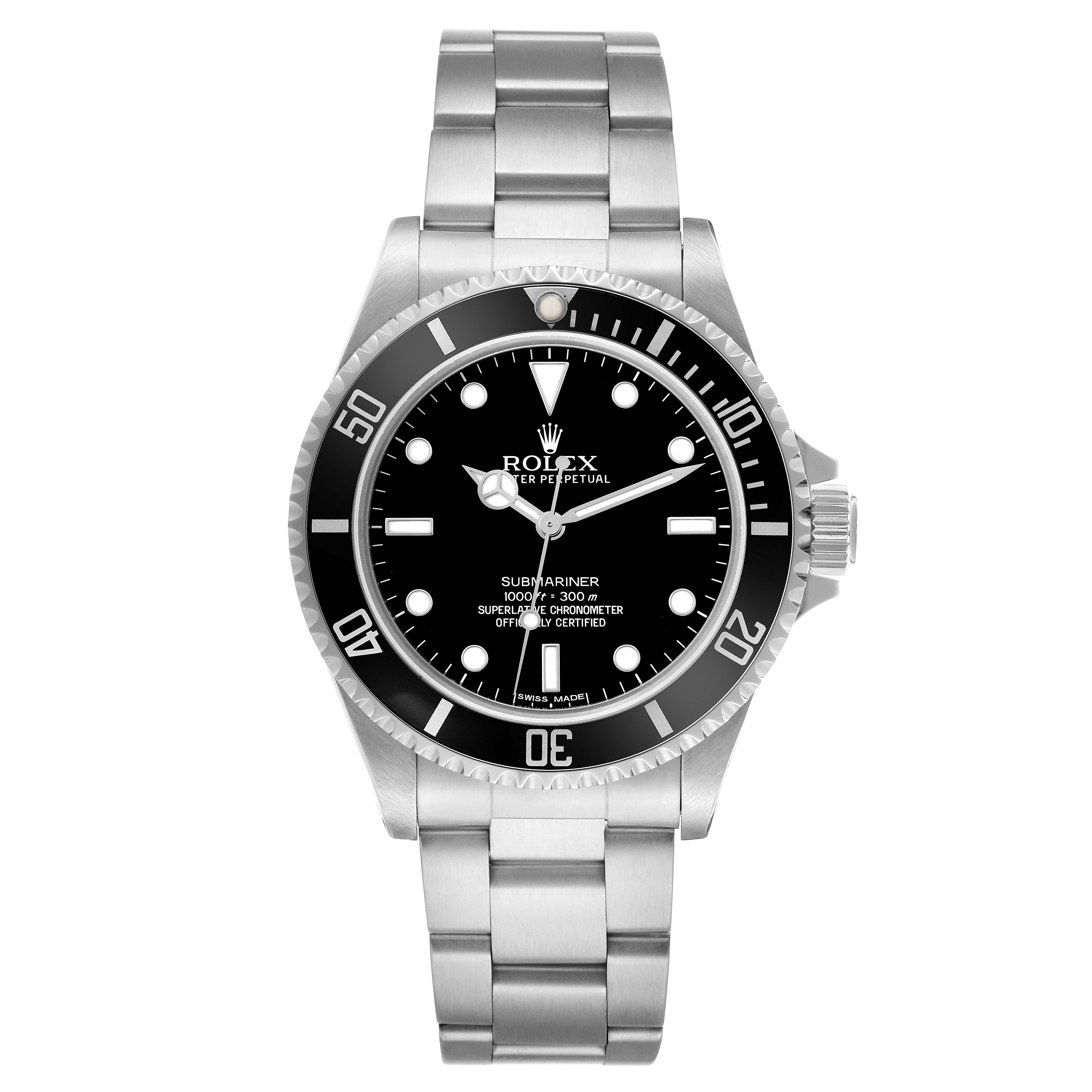 The Rolex Submariner 14060 Men
s Stainless Steel Black Dial watch is shown from a top-down angle, displaying the dial, bezel, and bracelet.
