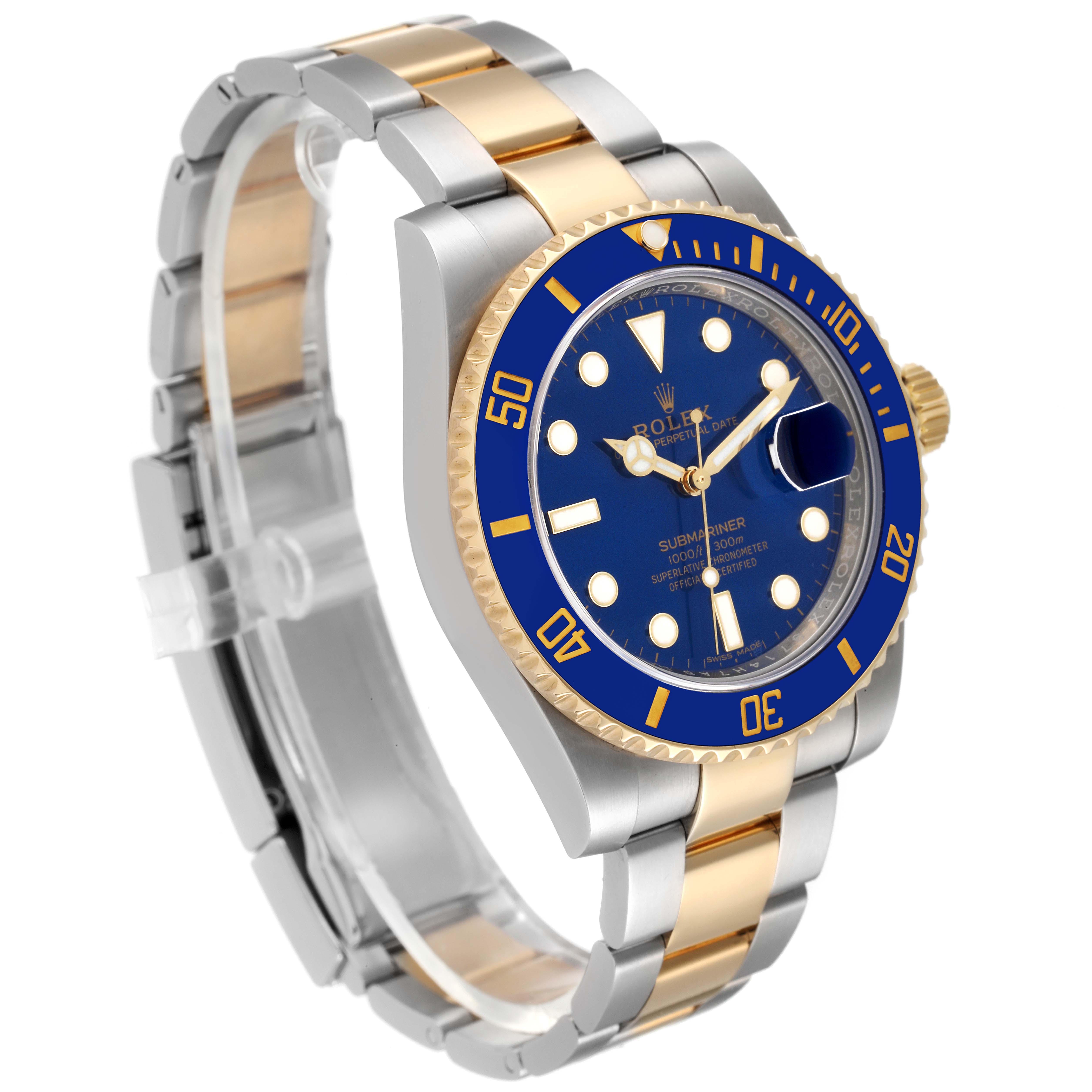 The Rolex Submariner 116613 Men's Steel and Gold (two tone) Blue Dial 116613 Men's Steel and Gold (two tone) Blue Dial watch is shown at a three-quarter angle, highlighting its blue bezel, dial, and the two-tone bracelet.