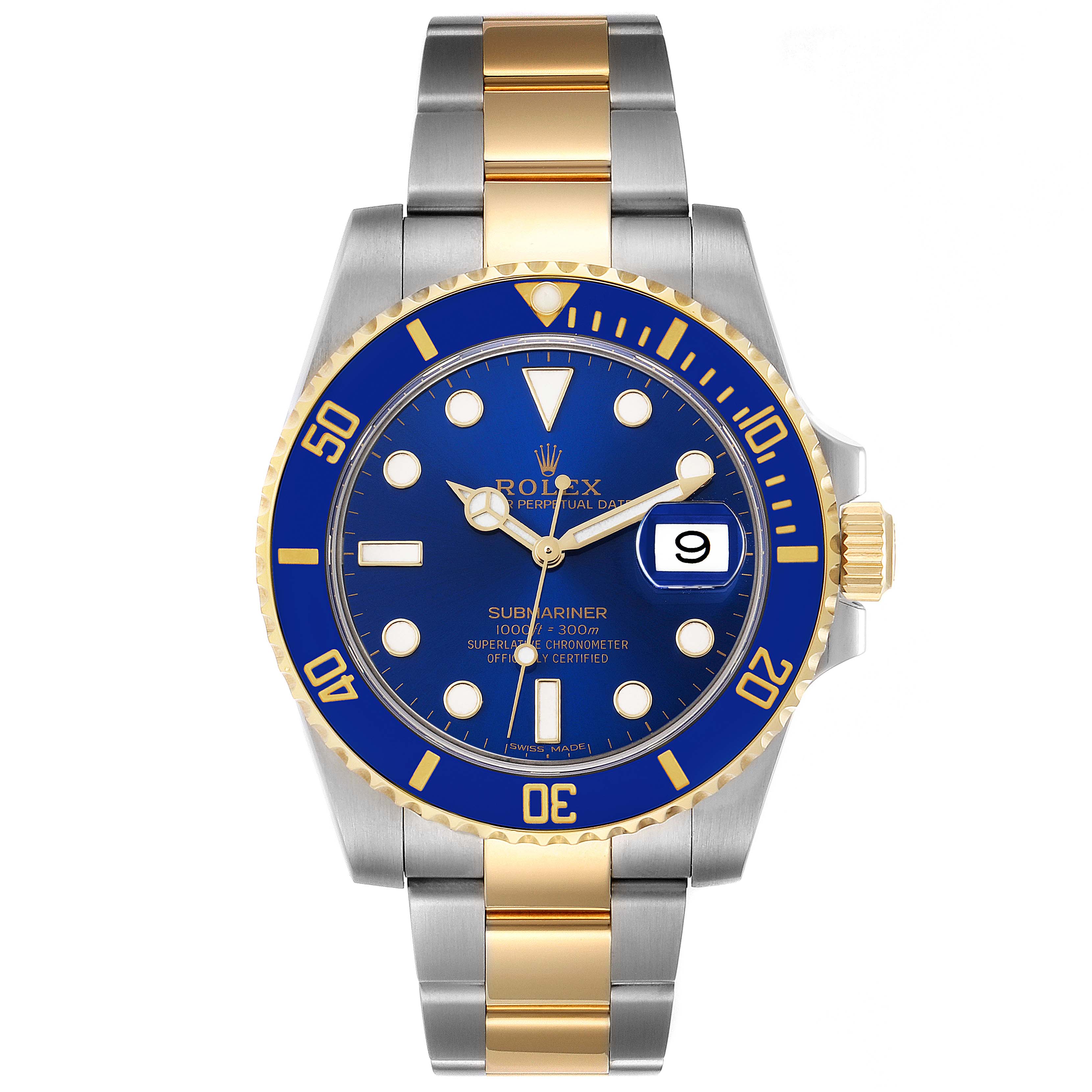 The image shows a front view of a Rolex Submariner 116613 Men's Steel and Gold (two tone) Blue Dial 116613 Men's Steel and Gold (two tone) Blue Dial watch with a blue dial, gold accents, and a two-tone bracelet.