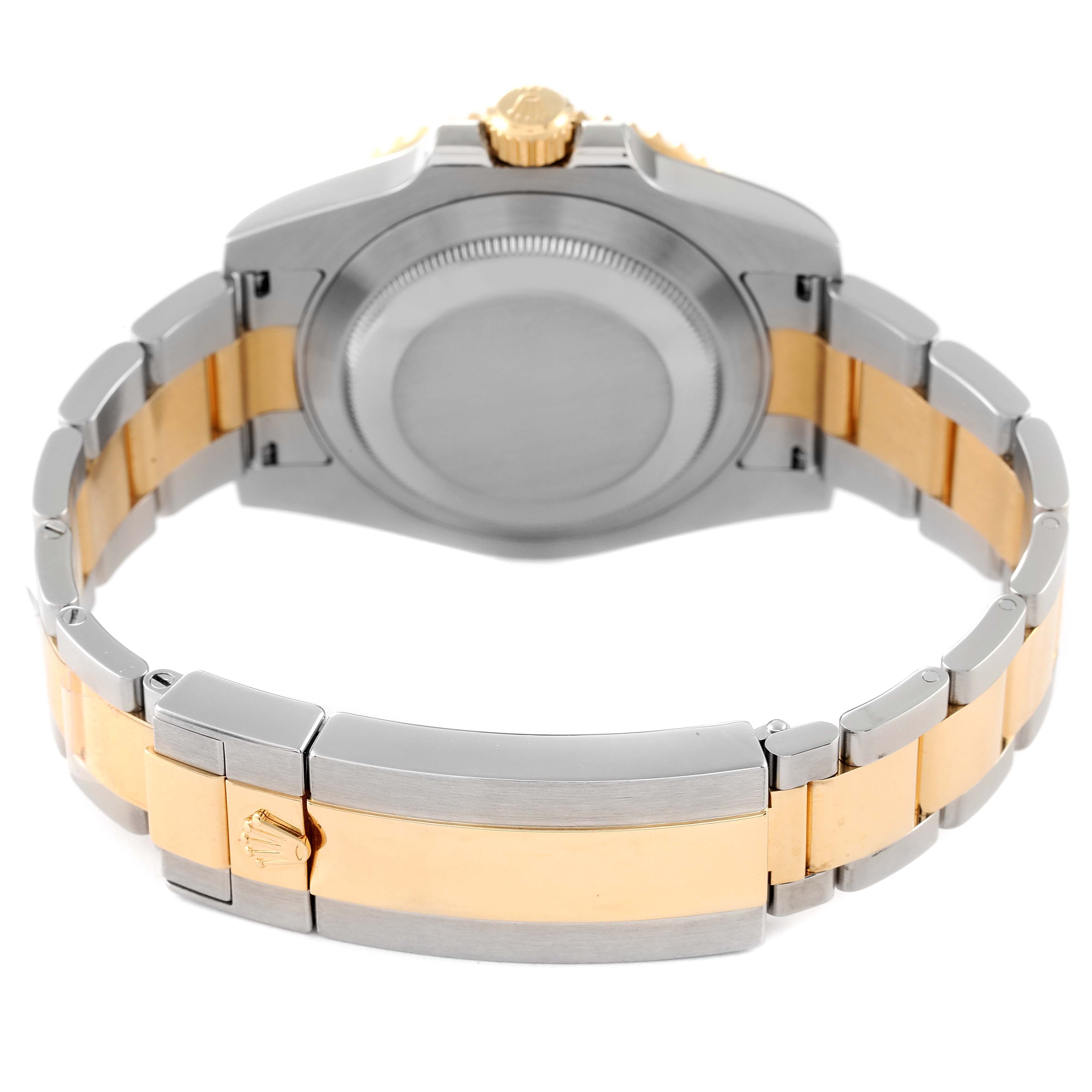 This image shows the back case and stainless steel and gold bracelet of a Rolex Submariner 116613 Men's Steel and Gold (two tone) Blue Dial 116613 Men's Steel and Gold (two tone) Blue Dial watch from a rear angle.