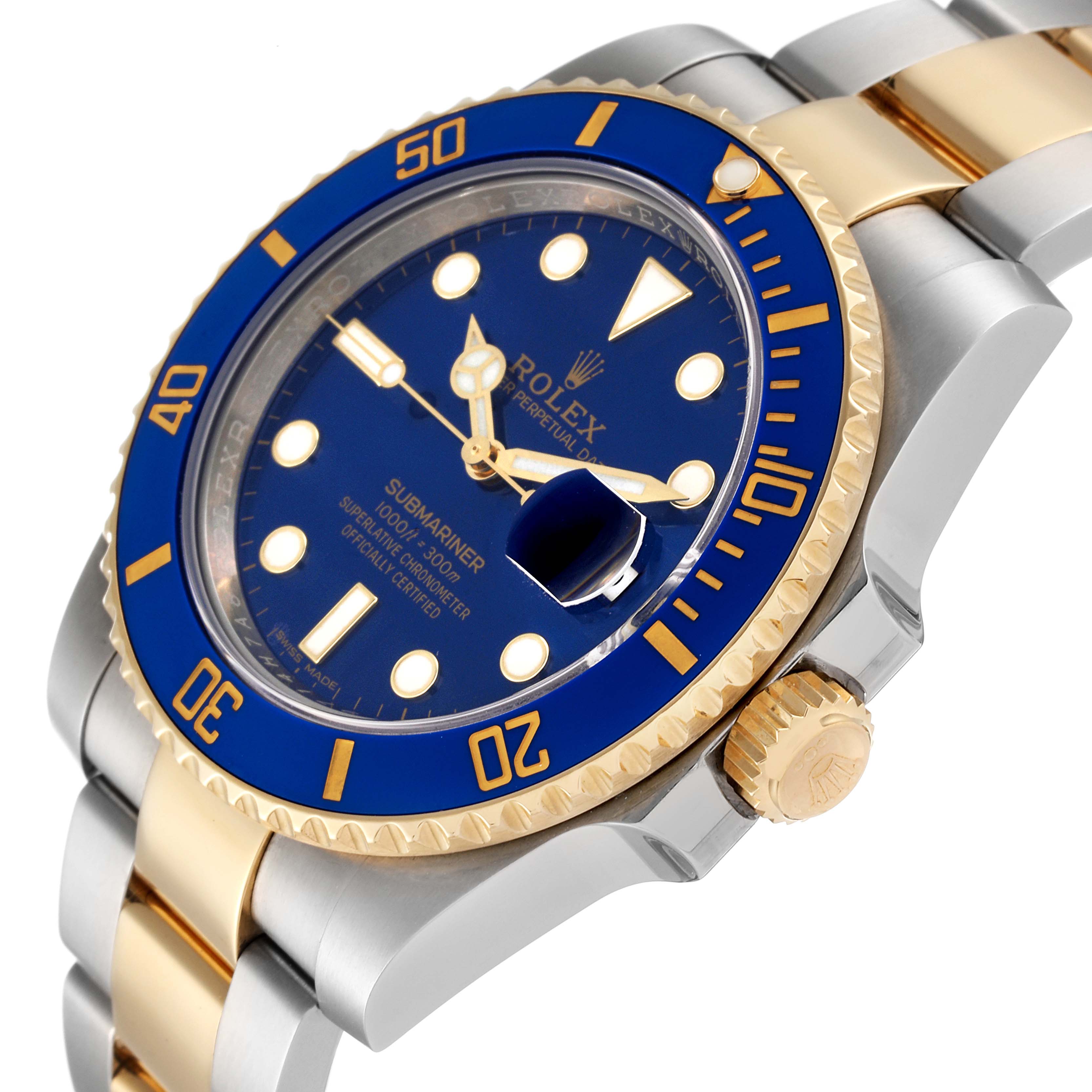 This Rolex Submariner 116613 Men's Steel and Gold (two tone) Blue Dial 116613 Men's Steel and Gold (two tone) Blue Dial watch is shown at an angle highlighting its blue dial, bezel, and two-tone bracelet.