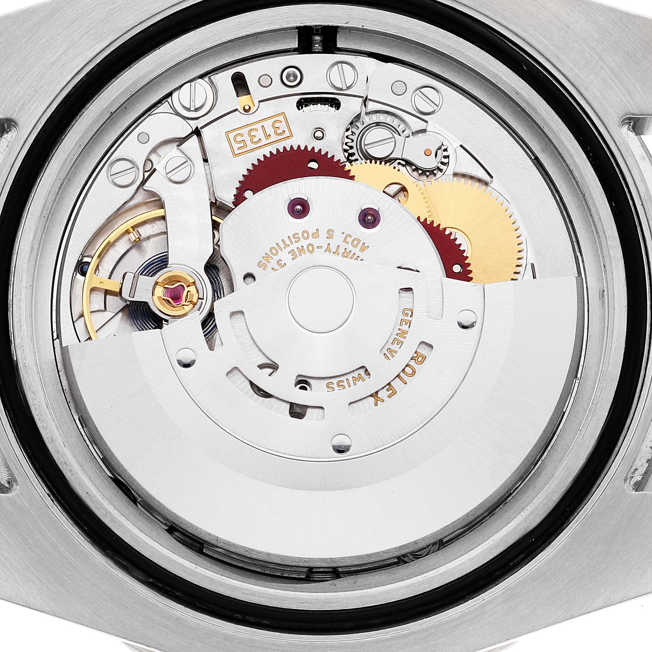 This image shows the intricate internal mechanism of a Rolex Submariner 116613 Men's Steel and Gold (two tone) Blue Dial 116613 Men's Steel and Gold (two tone) Blue Dial watch from a top-down angle.