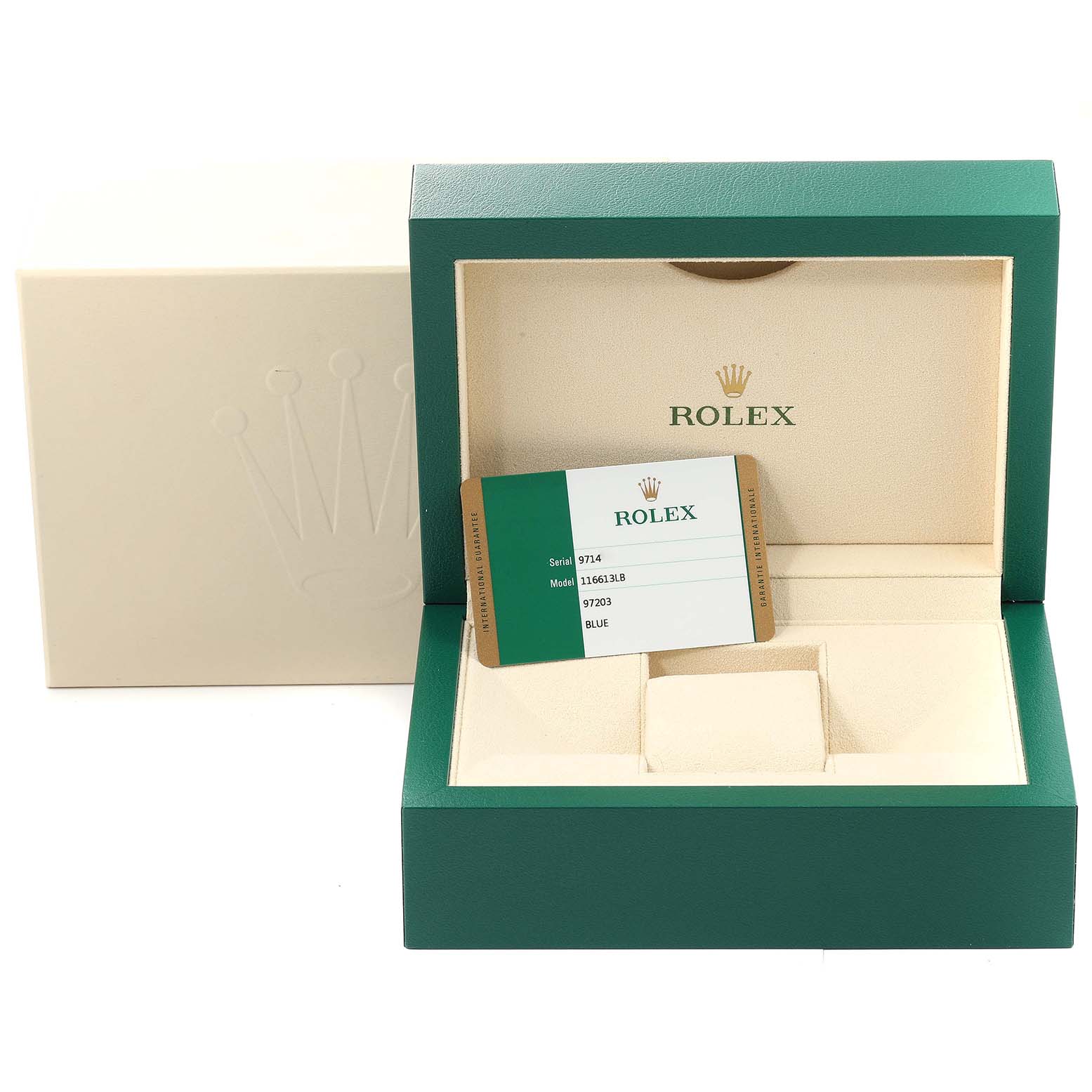 The image shows a green Rolex Submariner 116613 Men's Steel and Gold (two tone) Blue Dial 116613 Men's Steel and Gold (two tone) Blue Dial watch box and an authenticity card inside the open box.