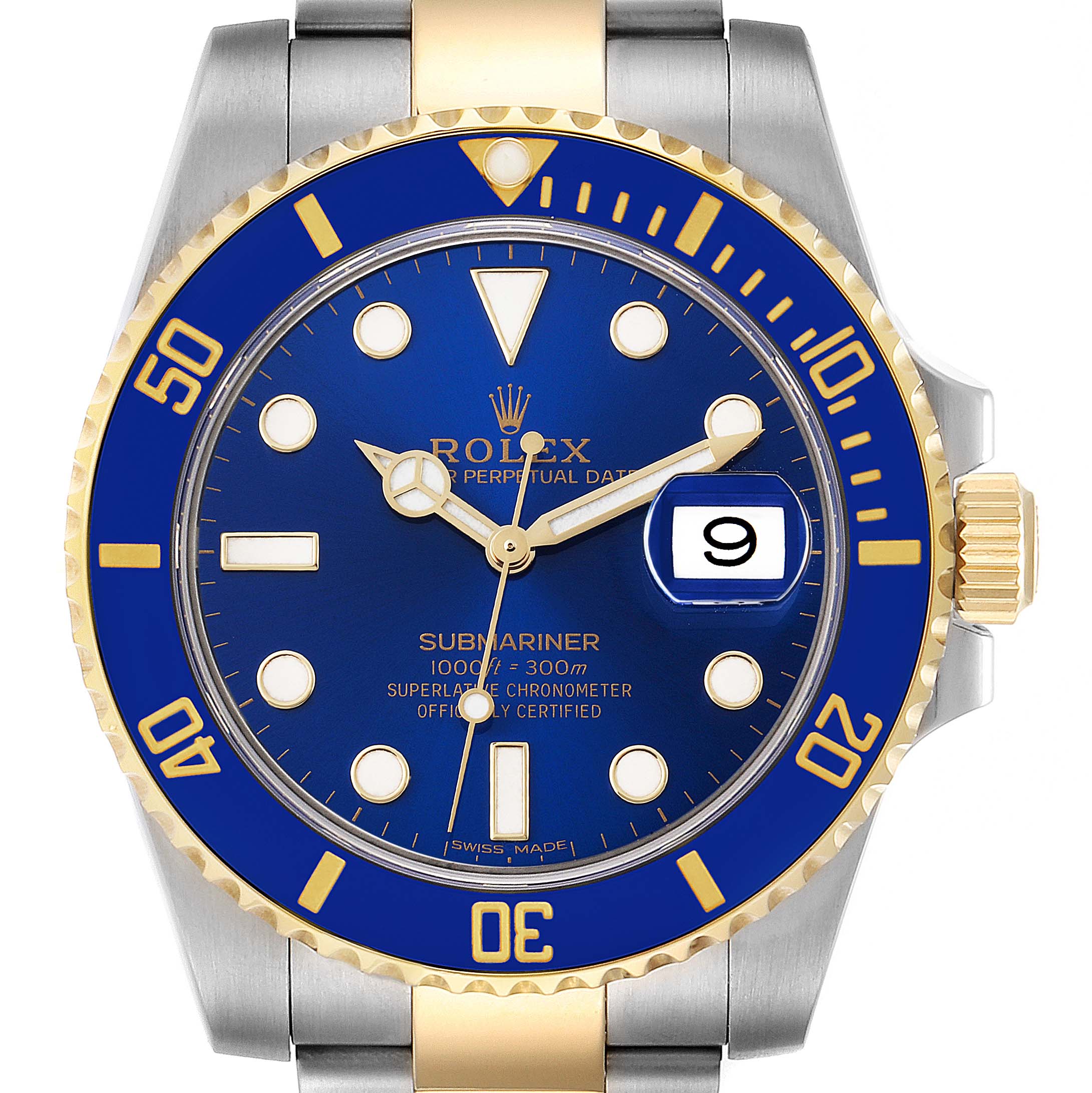 The image shows a front view of a Rolex Submariner 116613 Men's Steel and Gold (two tone) Blue Dial 116613 Men's Steel and Gold (two tone) Blue Dial watch, highlighting the blue dial, gold accents, bezel, and date window.