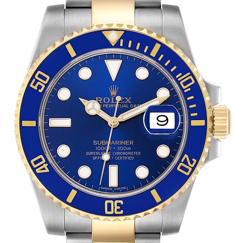 Photo of Rolex Submariner Steel Yellow Gold Blue Dial Mens Watch 116613 Box Card