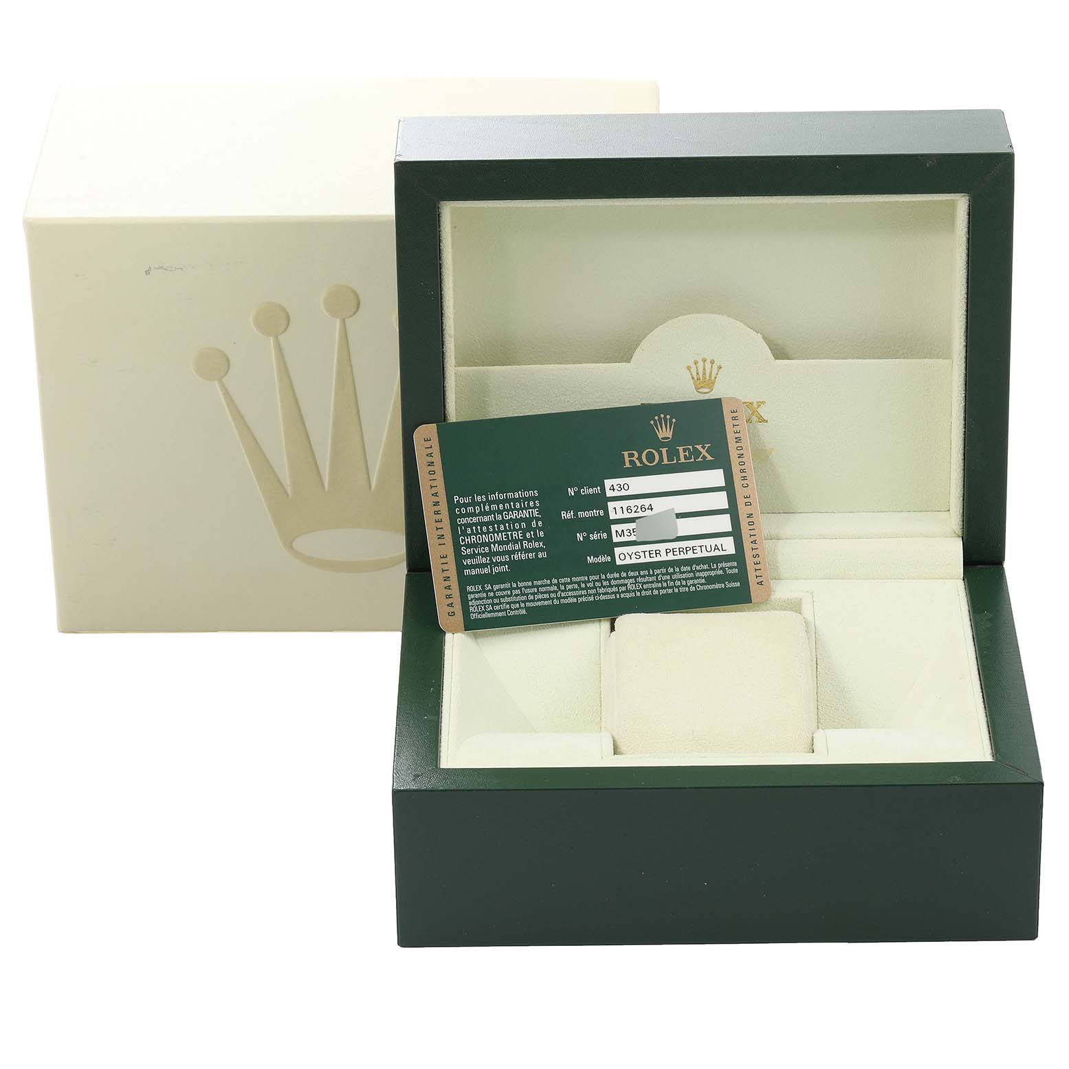 The image displays an open Rolex Turn-o-Graph 116264 Men
s Stainless Steel White Dial 116264 Men
s Stainless Steel White Dial watch box and an Best Quality
ation card.