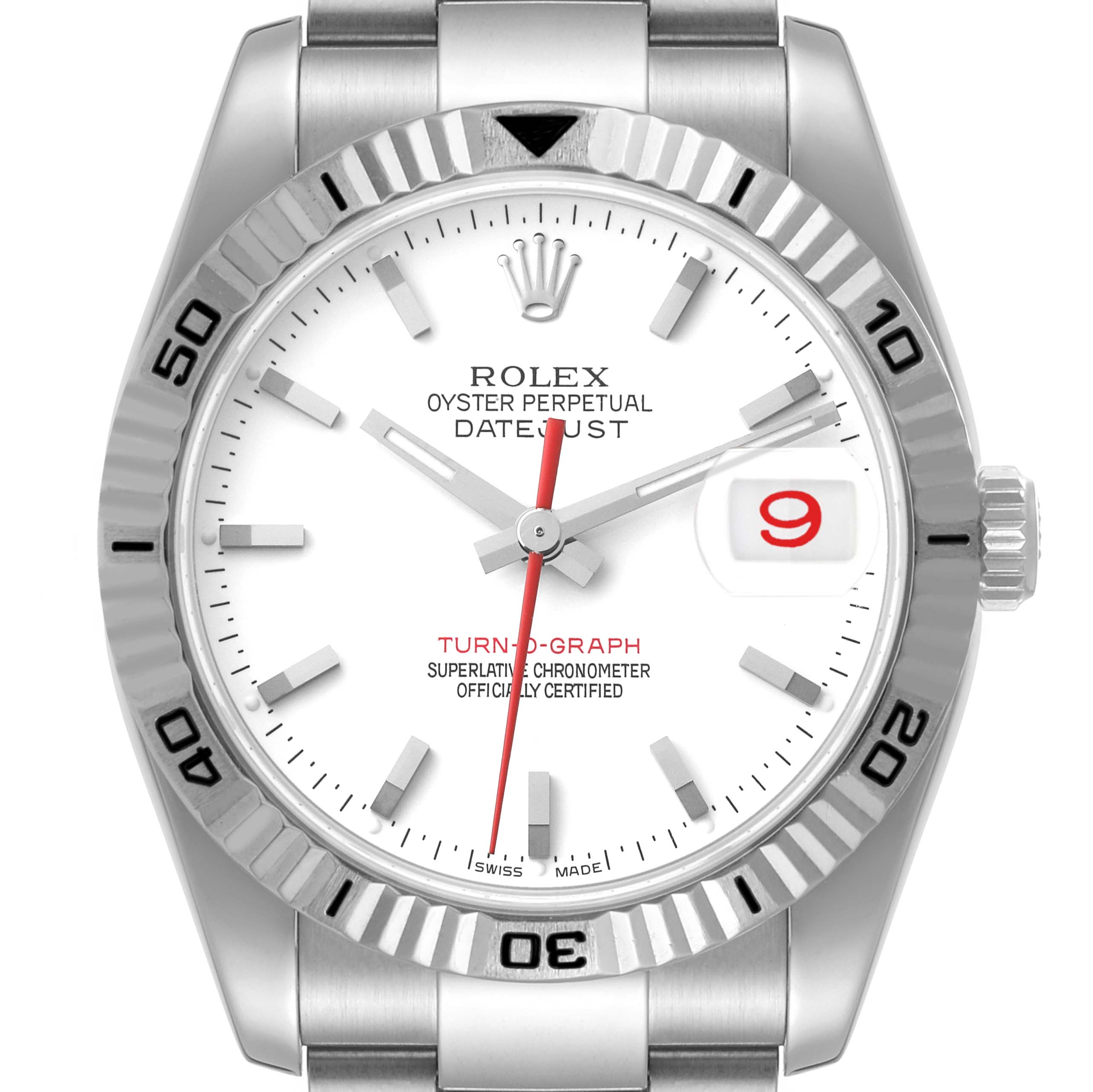 The Rolex Turn-o-Graph 116264 Men
s Stainless Steel White Dial 116264 Men
s Stainless Steel White Dial watch is shown from a front angle, displaying its bezel, dial, markers, hands, and date window.