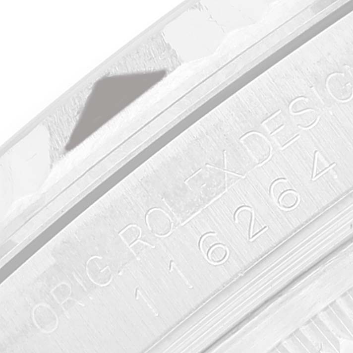 This image shows a close-up of the inner bezel with engraved serial numbers of the Rolex Turn-o-Graph 116264 Men
s Stainless Steel White Dial 116264 Men
s Stainless Steel White Dial watch.