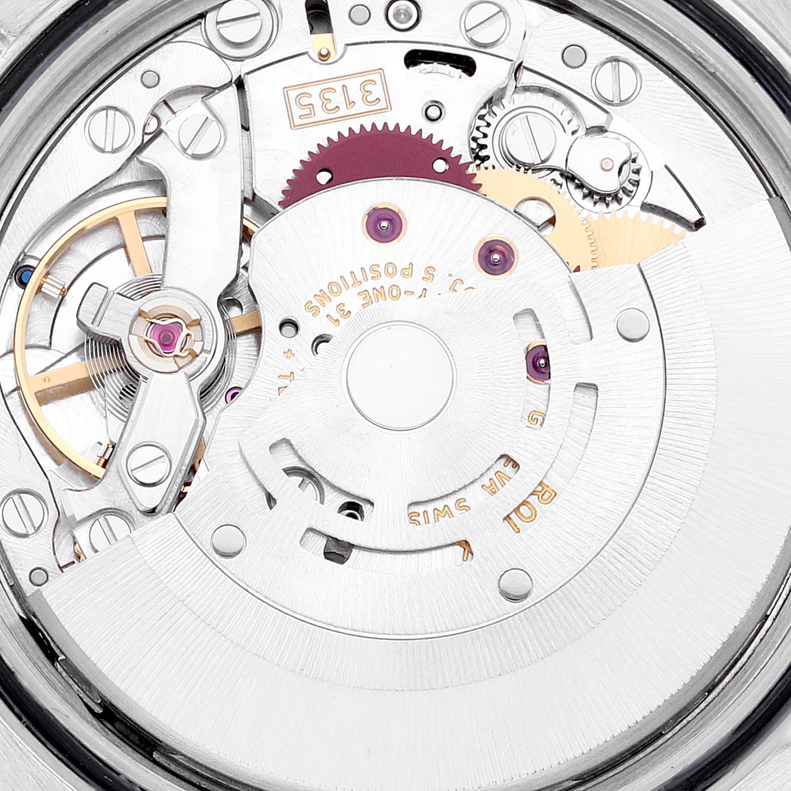 This image shows a close-up view of the movement mechanism of a Rolex Turn-o-Graph 116264 Men
s Stainless Steel White Dial 116264 Men
s Stainless Steel White Dial watch.