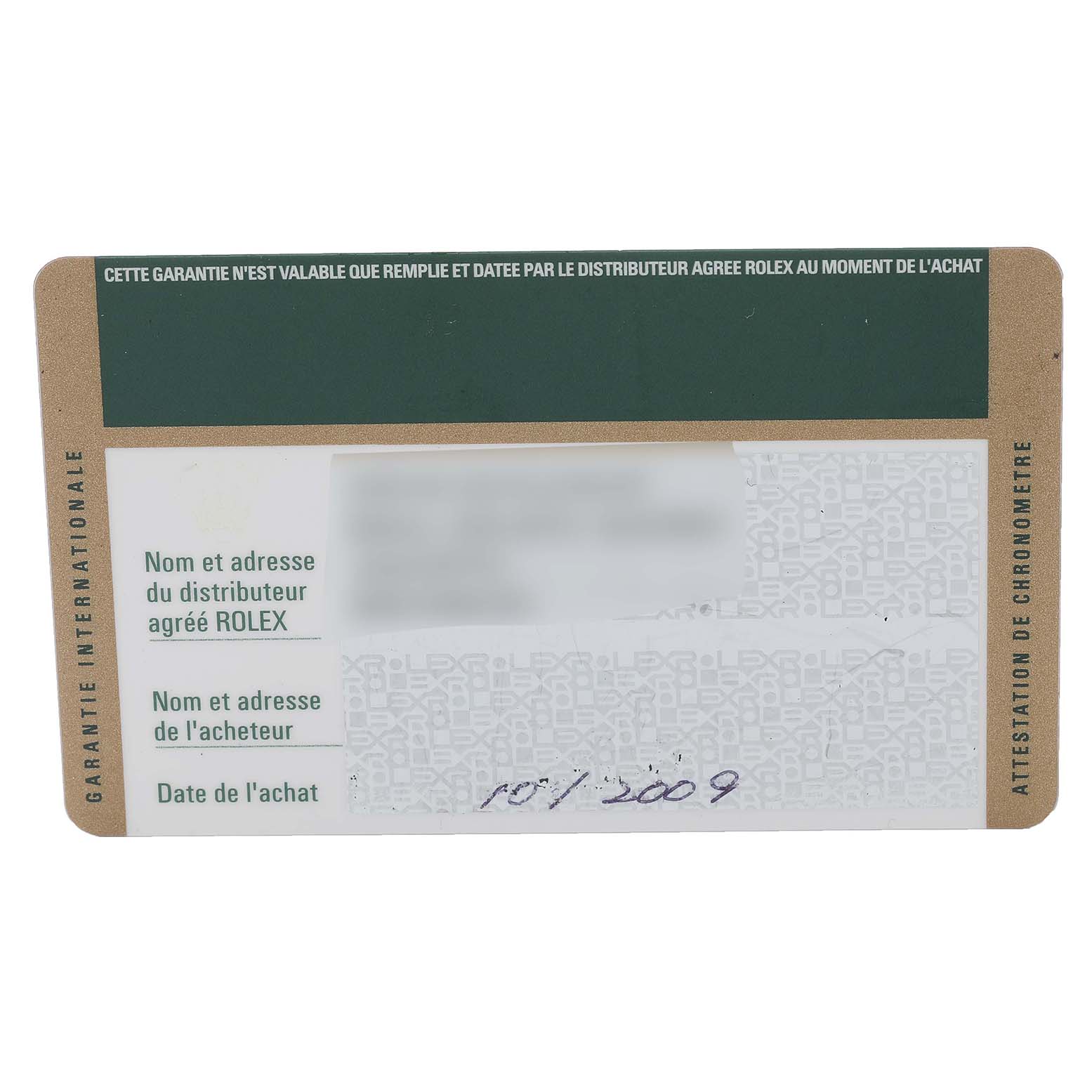 This image shows the warranty card for a Rolex Turn-o-Graph 116264 Men
s Stainless Steel White Dial 116264 Men
s Stainless Steel White Dial watch.