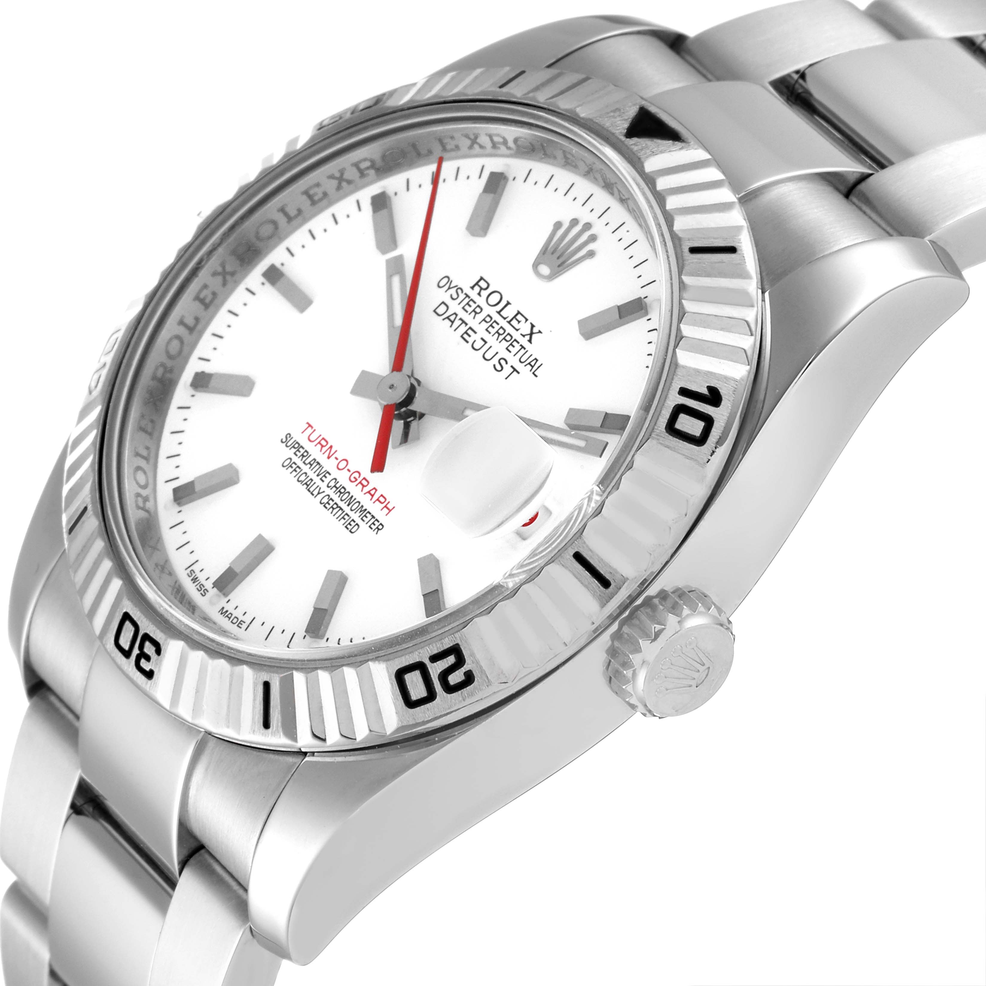 The image shows a close-up angle of the face, crown, and bracelet of the Rolex Turn-o-Graph 116264 Men
s Stainless Steel White Dial 116264 Men
s Stainless Steel White Dial watch.