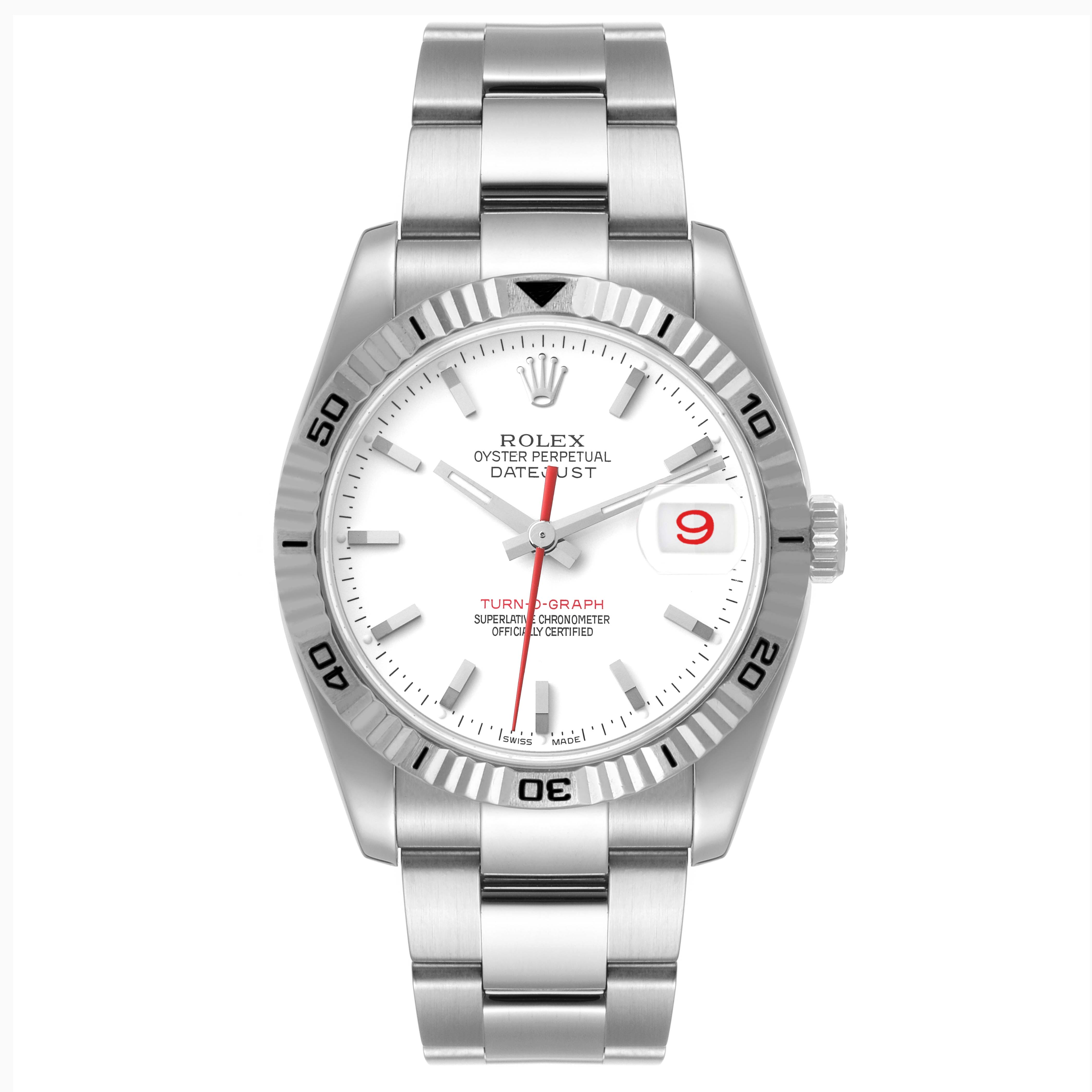 The Rolex Turn-o-Graph 116264 Men
s Stainless Steel White Dial 116264 Men
s Stainless Steel White Dial watch is shown from the front, displaying its face, bezel, and bracelet.