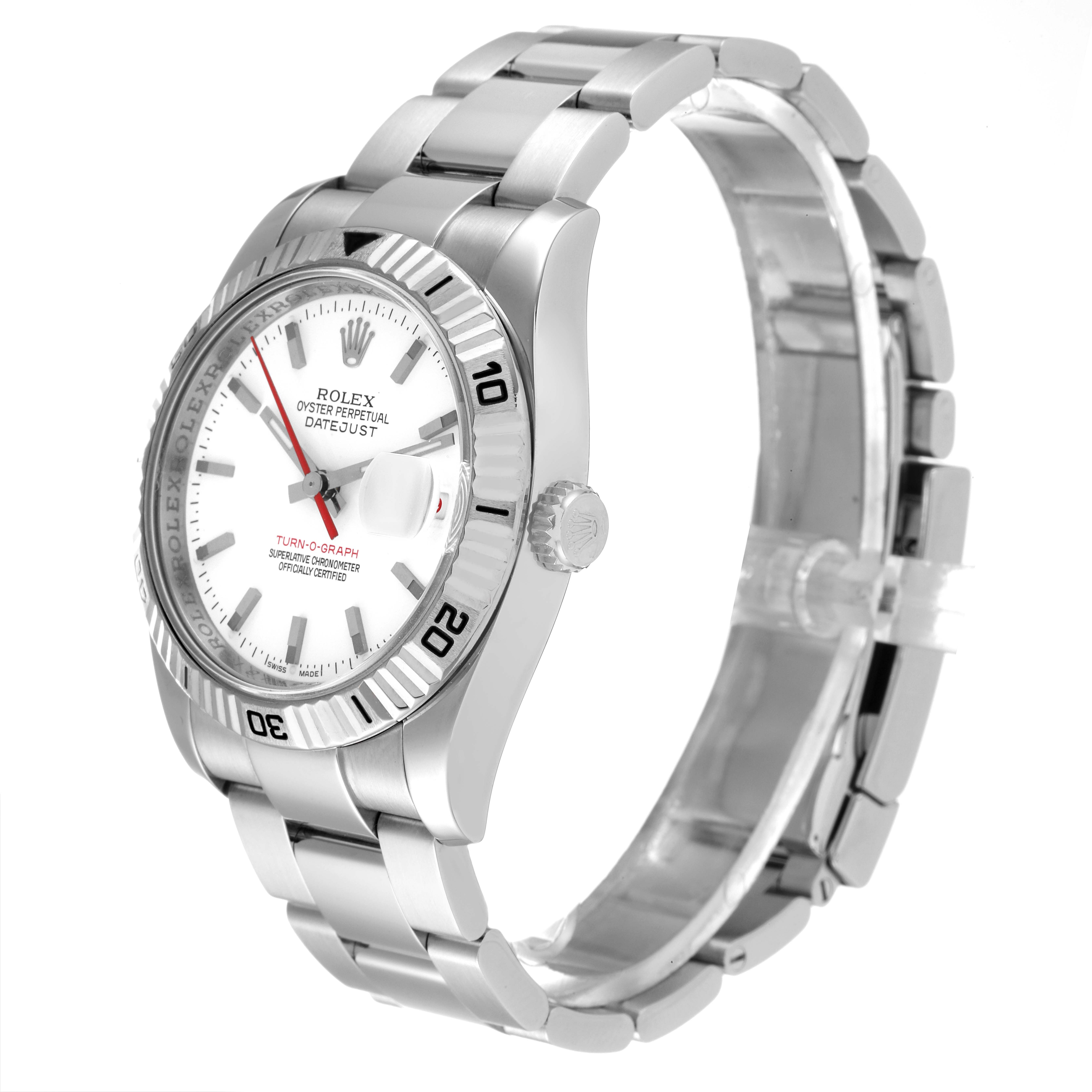 The image shows a three-quarter side angle of the Rolex Turn-o-Graph 116264 Men
s Stainless Steel White Dial 116264 Men
s Stainless Steel White Dial watch, highlighting the bezel, dial, bracelet, and crown.