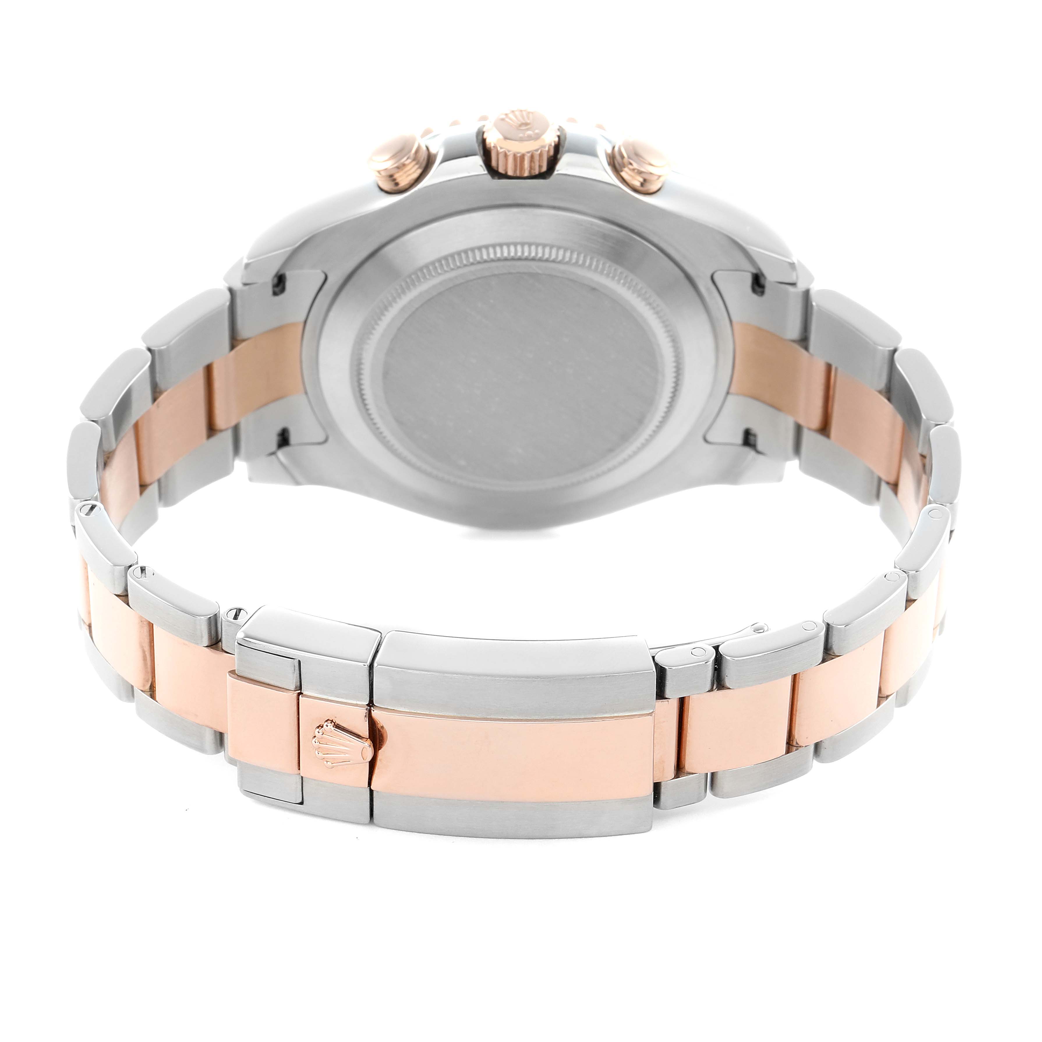 The image shows the Rolex Yacht-Master 116681M Men
s Steel and Gold (two tone) White Dial watch from the back, highlighting the two-tone bracelet and clasp.