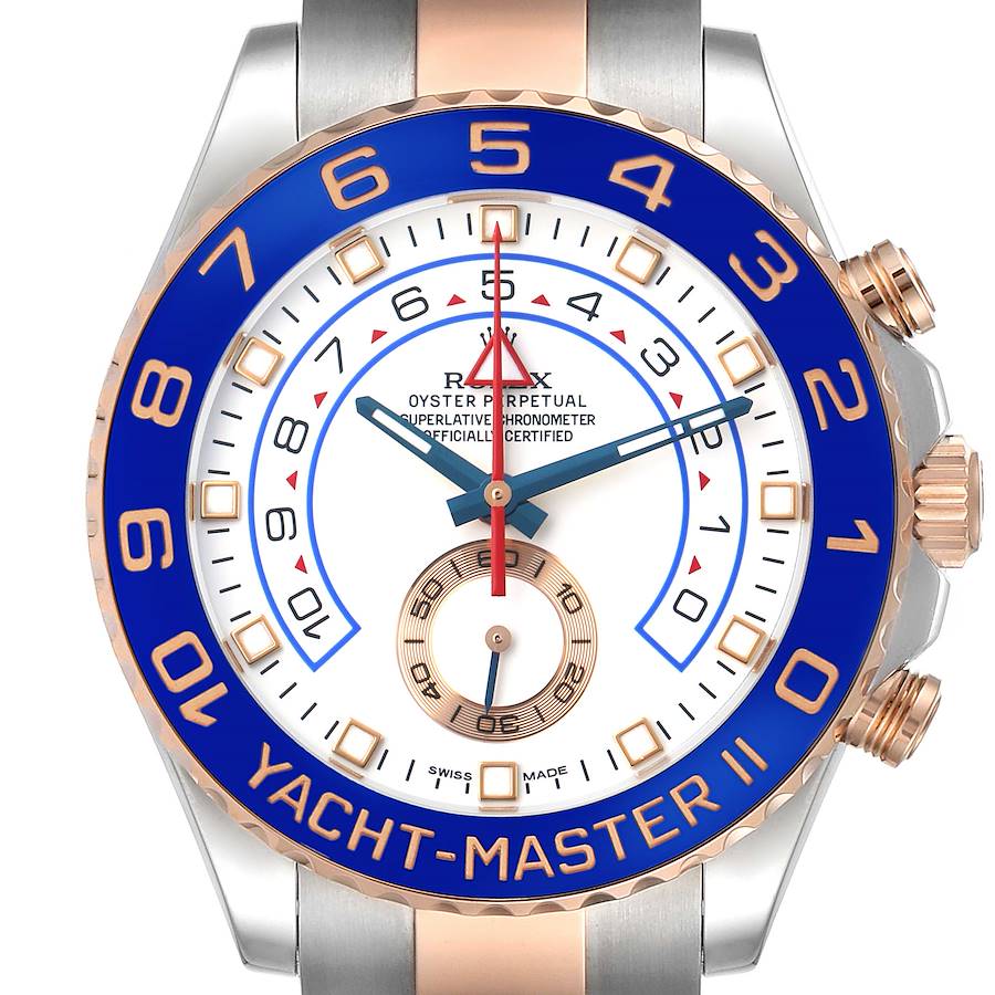 The image shows a frontal view of the Rolex Yacht-Master 116681M Men's Steel and Gold (two tone) White Dial II, highlighting the blue bezel, dial, hands, and some case details.