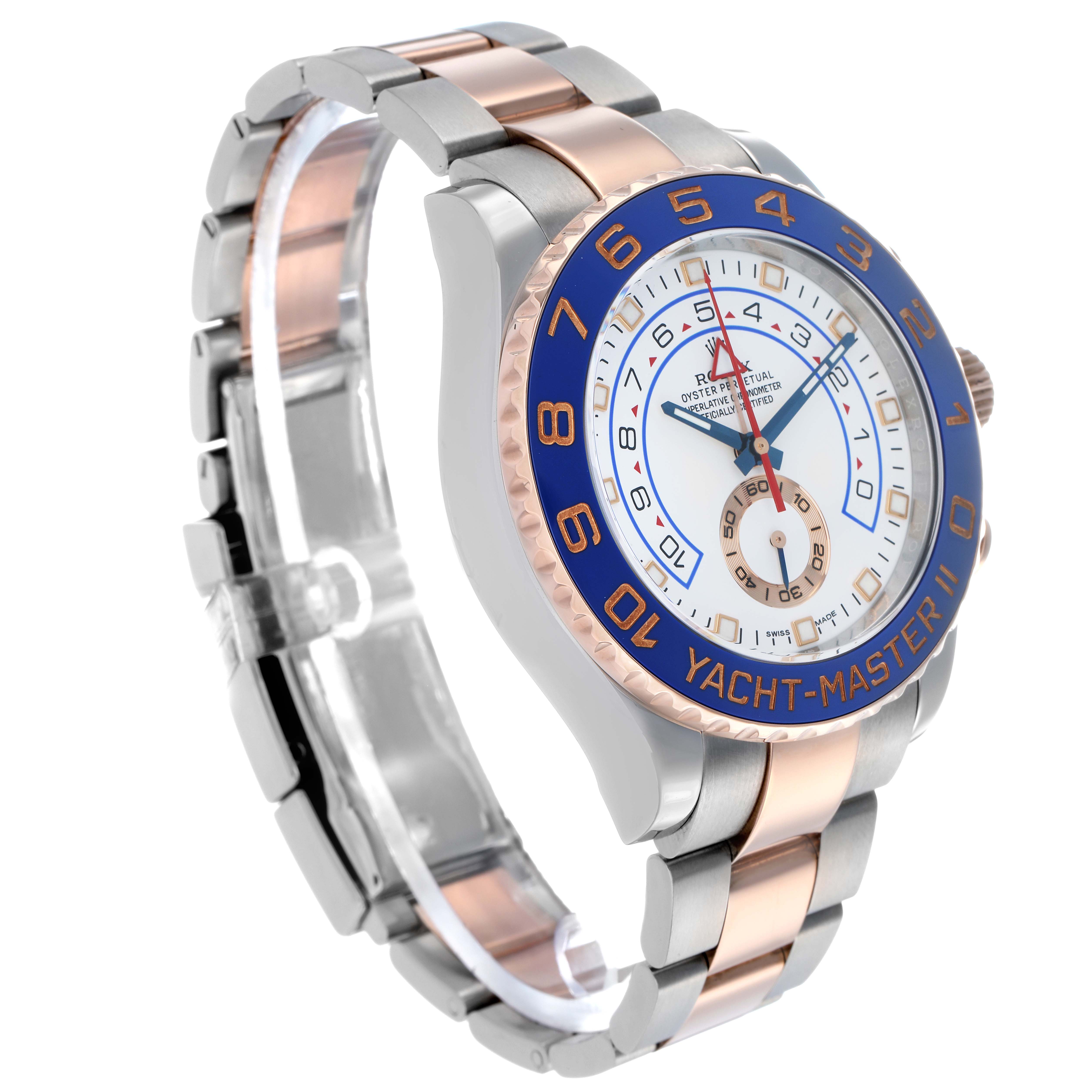The Rolex Yacht-Master 116681M Men
s Steel and Gold (two tone) White Dial watch is shown at a slight angle, highlighting the face, bezel, and two-tone bracelet.