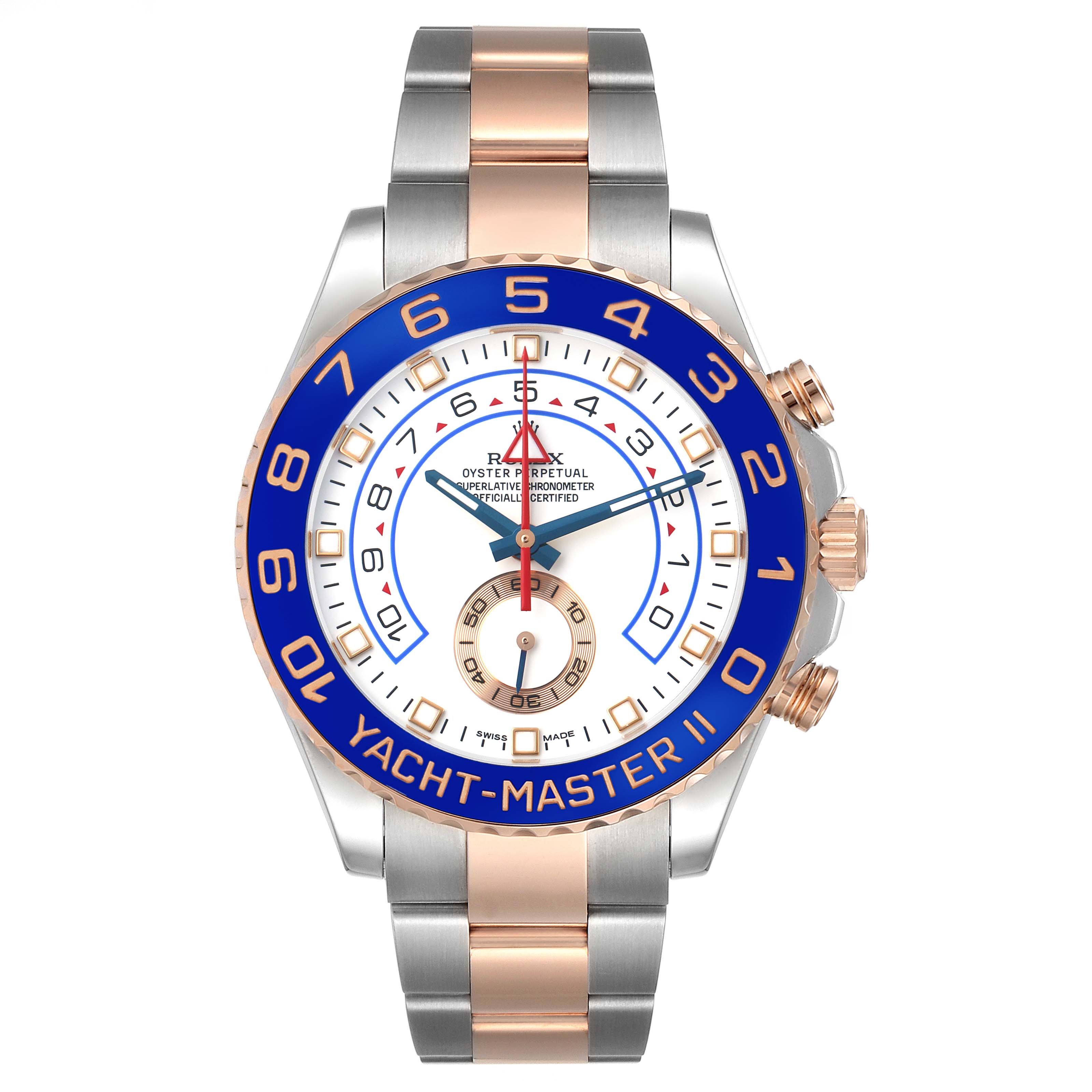 The Rolex Yacht-Master 116681M Men
s Steel and Gold (two tone) White Dial watch is shown from the front, detailing its blue bezel, two-tone bracelet, and dial features.
