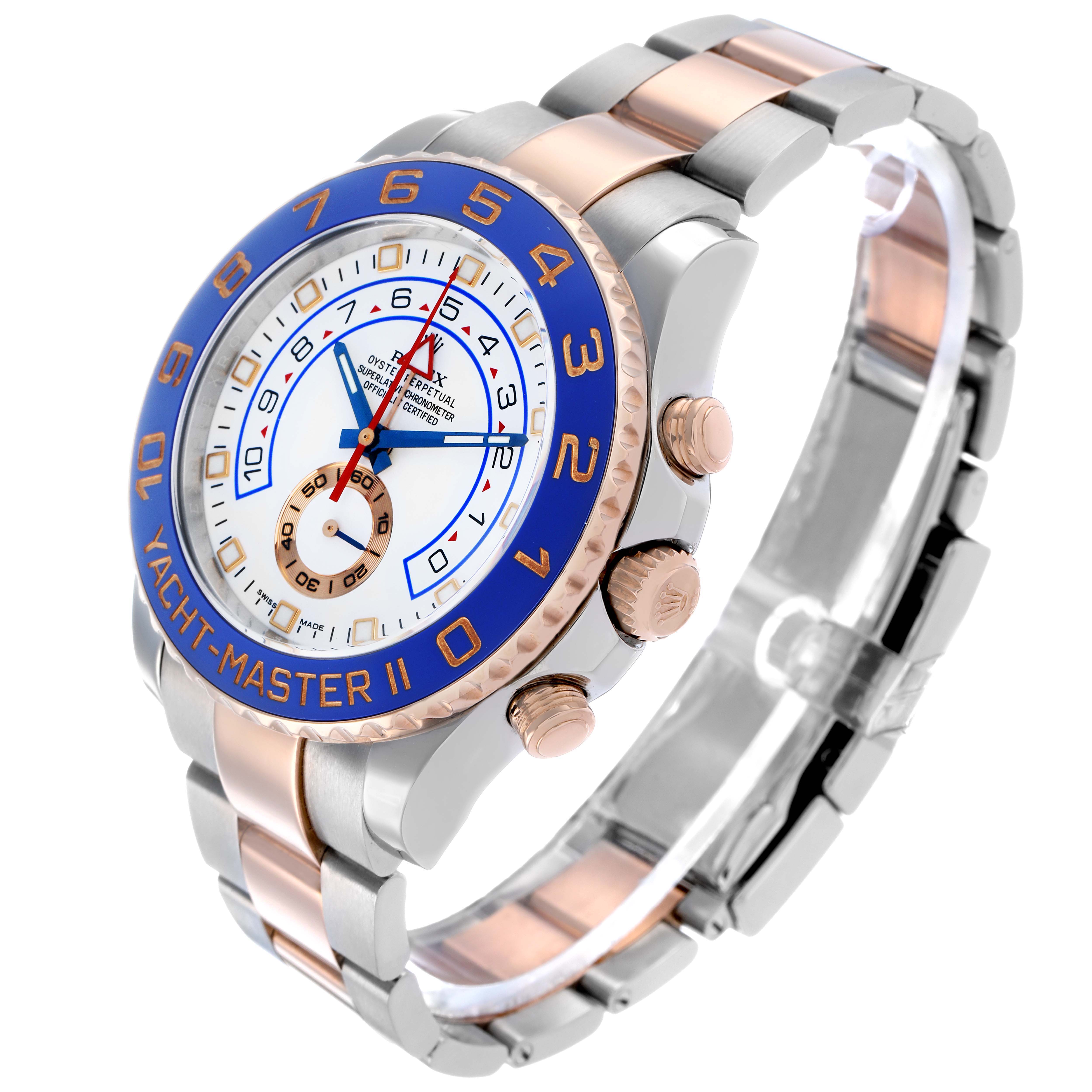 The Rolex Yacht-Master 116681M Men
s Steel and Gold (two tone) White Dial II is shown at a three-quarter angle, highlighting the dial, bezel, case, crown, and part of the bracelet.