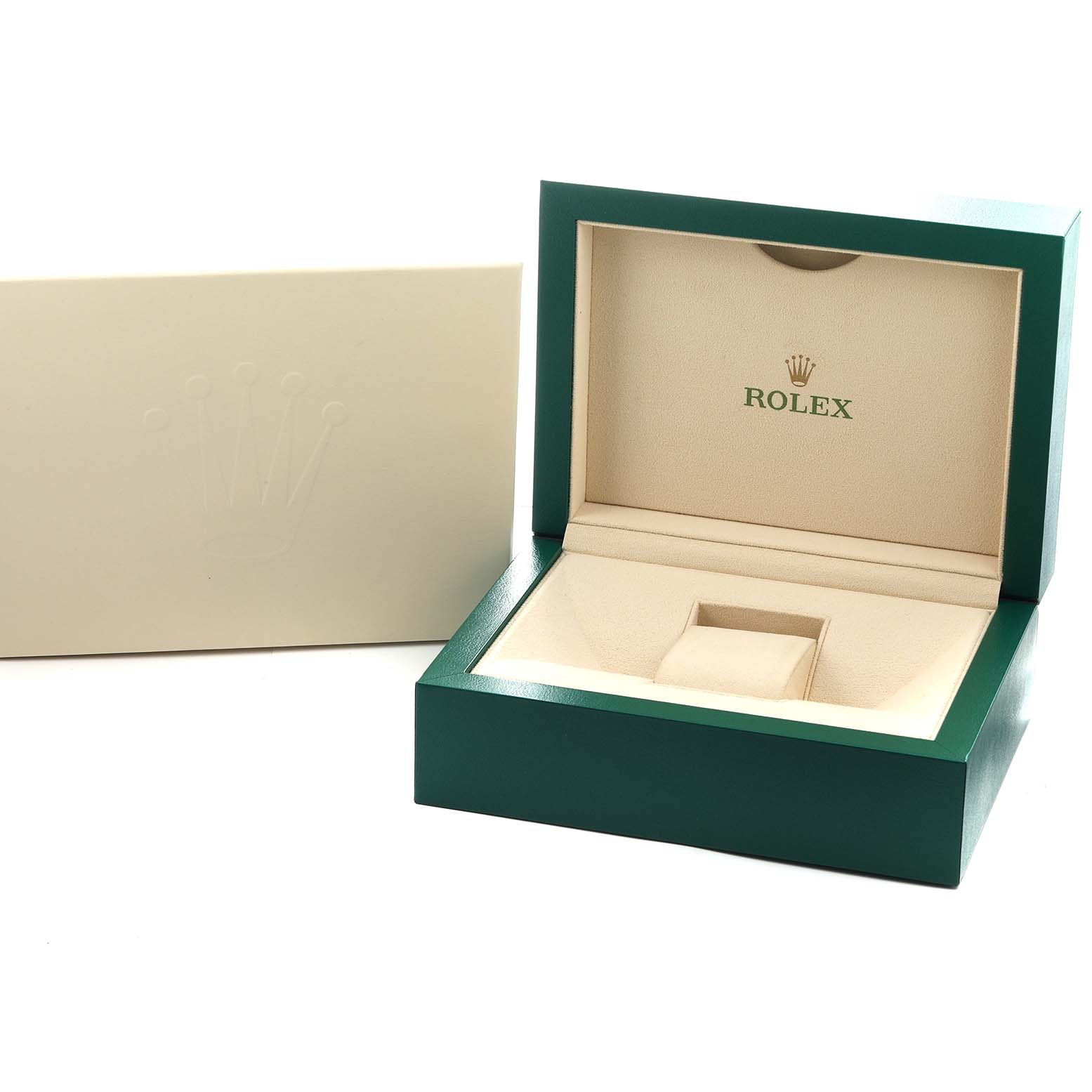 The image shows the open presentation box for a Rolex Yacht-Master 116681M Men
s Steel and Gold (two tone) White Dial watch with a matching outer box.