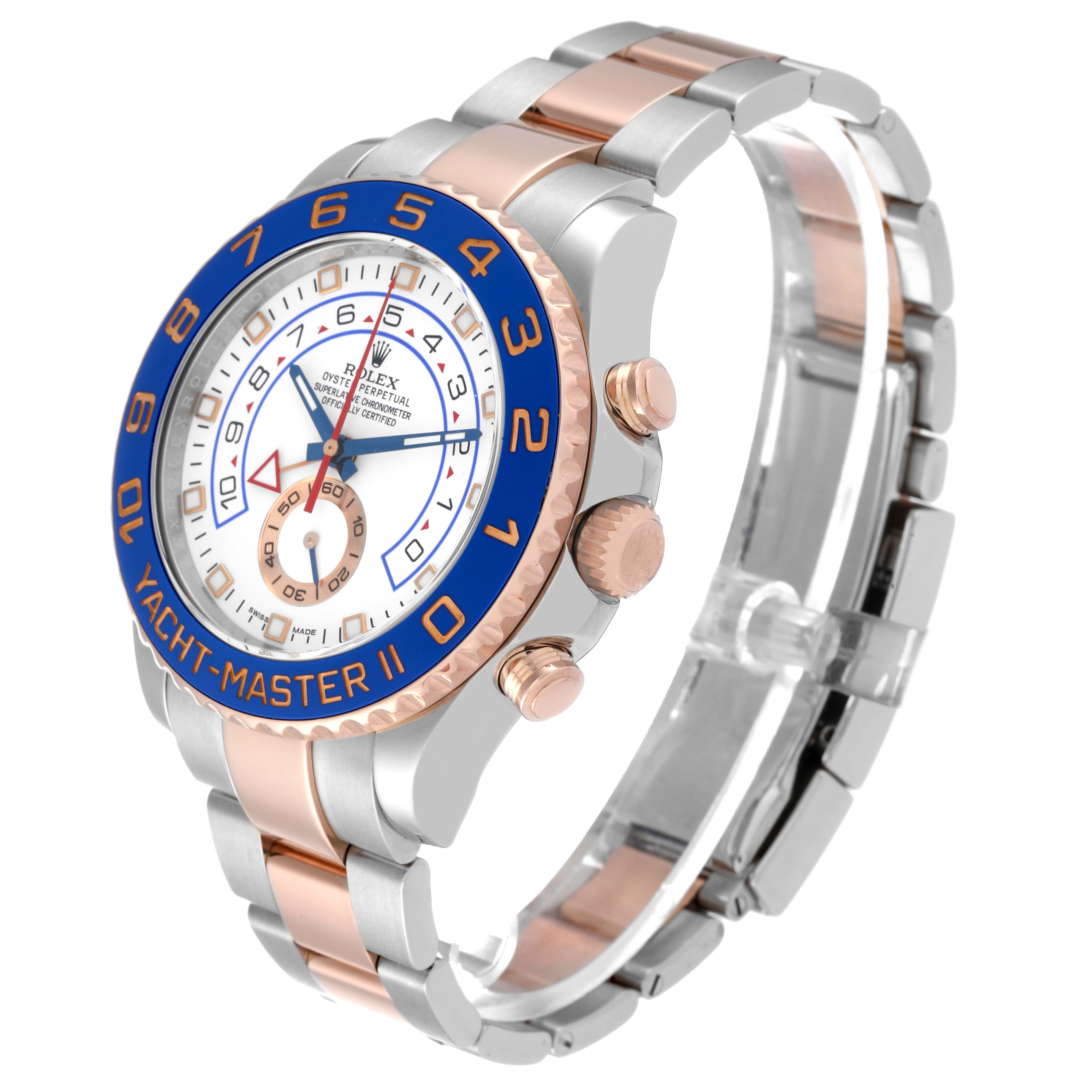 The image shows a side-angle view of the Rolex Yacht-Master 116681 Men
s Steel and Gold (two tone) White Dial 116681 Men
s Steel and Gold (two tone) White Dial II watch, highlighting its bracelet, bezel, and dial.