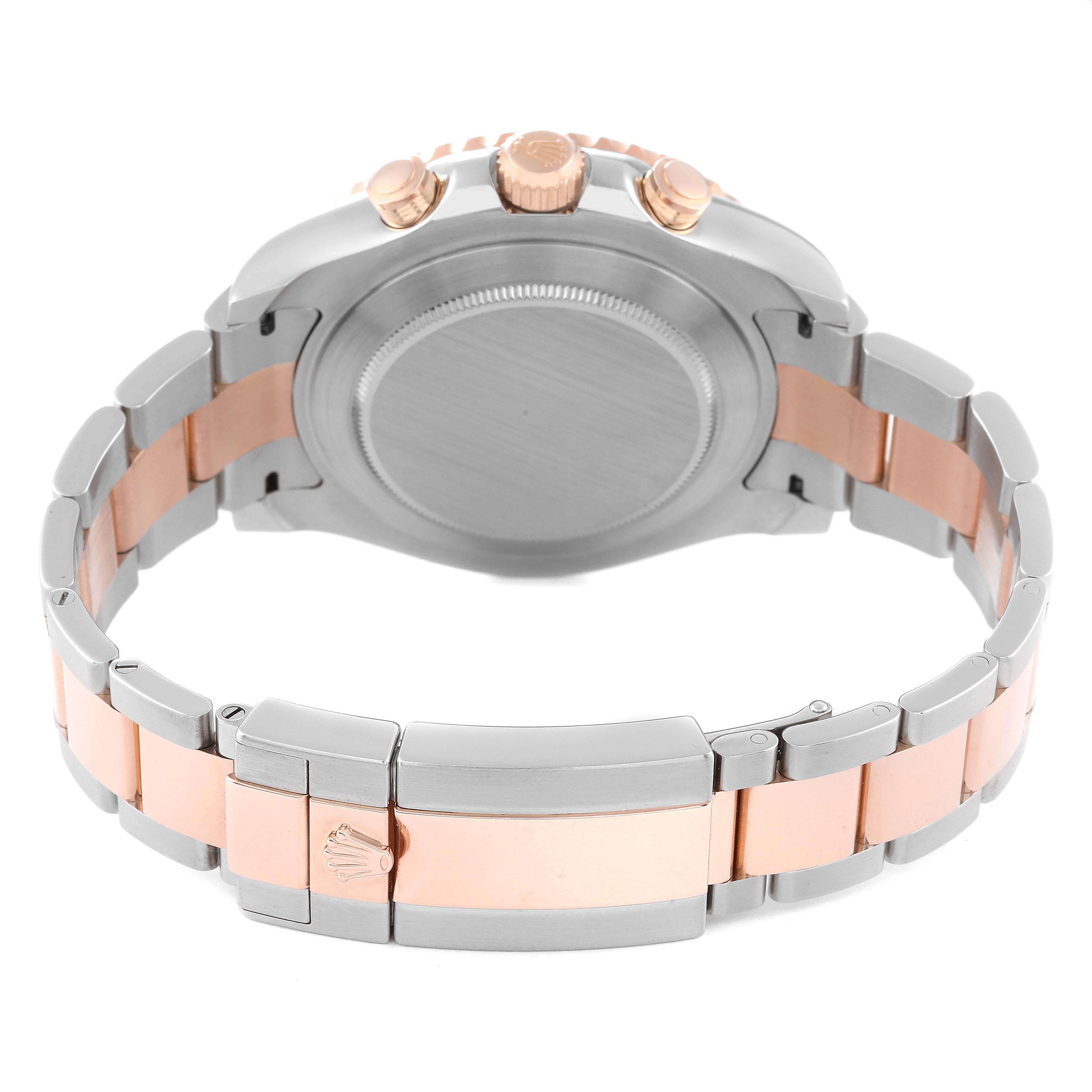 The image shows the back view of a Rolex Yacht-Master 116681 Men
s Steel and Gold (two tone) White Dial 116681 Men
s Steel and Gold (two tone) White Dial watch, highlighting its case back, crown, pushers, and bracelet.