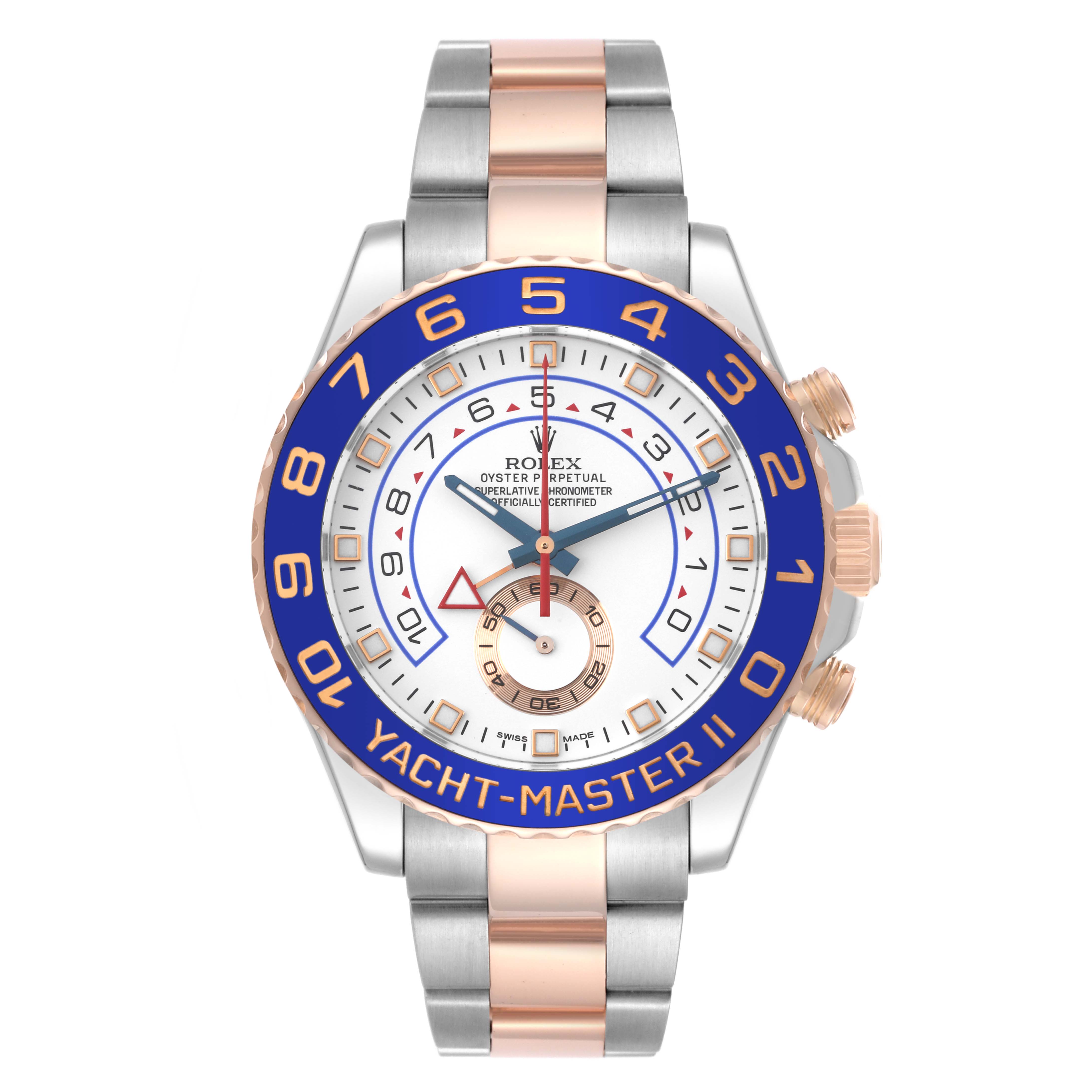 This is a frontal view of a Rolex Yacht-Master 116681 Men
s Steel and Gold (two tone) White Dial 116681 Men
s Steel and Gold (two tone) White Dial II watch, showing its face, bezel, hour markers, and bracelet.
