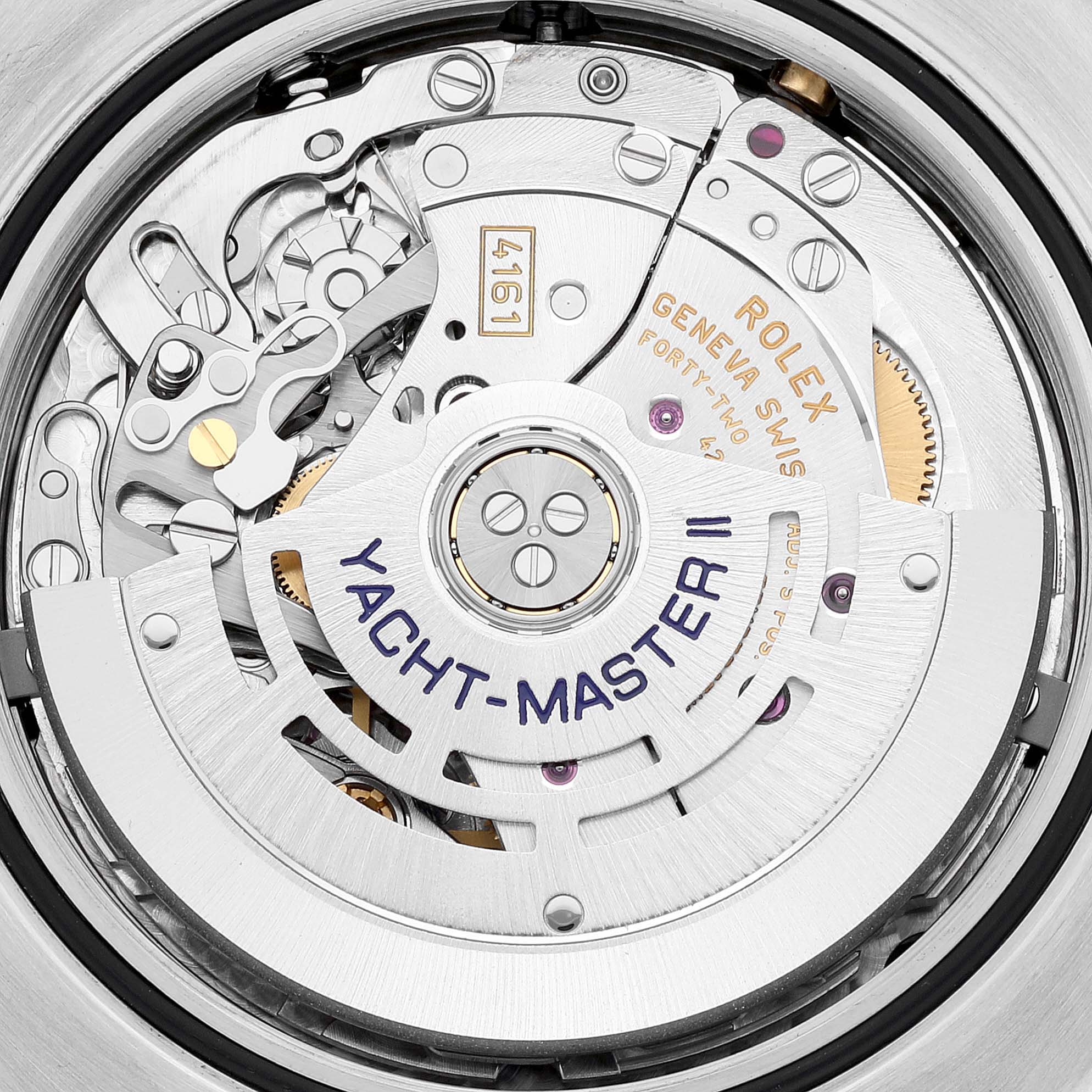 This image shows the movement and internal mechanism of a Rolex Yacht-Master 116681 Men
s Steel and Gold (two tone) White Dial 116681 Men
s Steel and Gold (two tone) White Dial II watch from a top-down angle.
