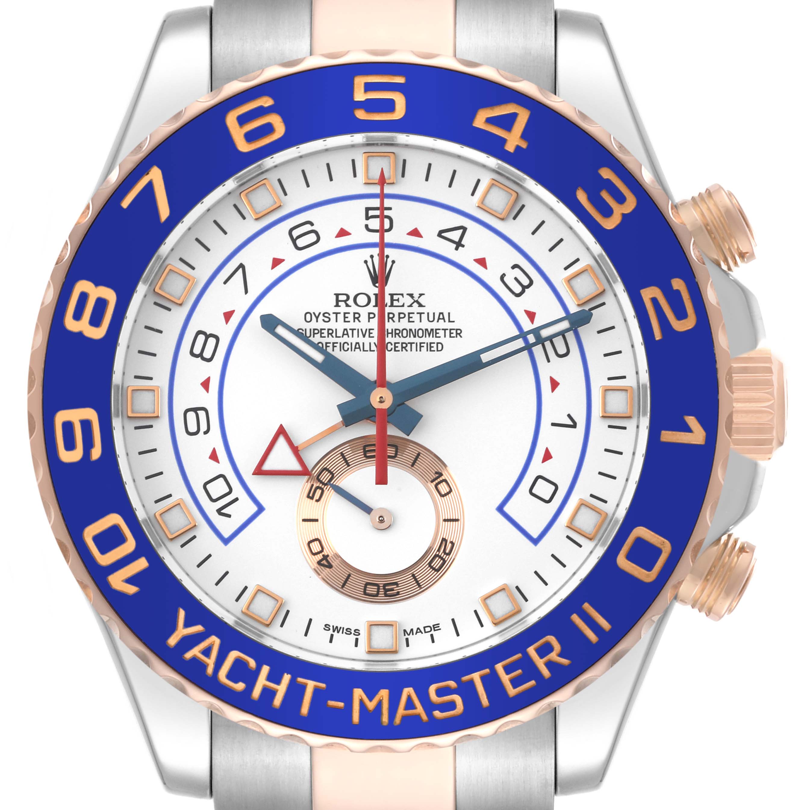 The image shows a front view of a Rolex Yacht-Master 116681 Men
s Steel and Gold (two tone) White Dial 116681 Men
s Steel and Gold (two tone) White Dial II watch, highlighting its blue bezel and detailed white dial.