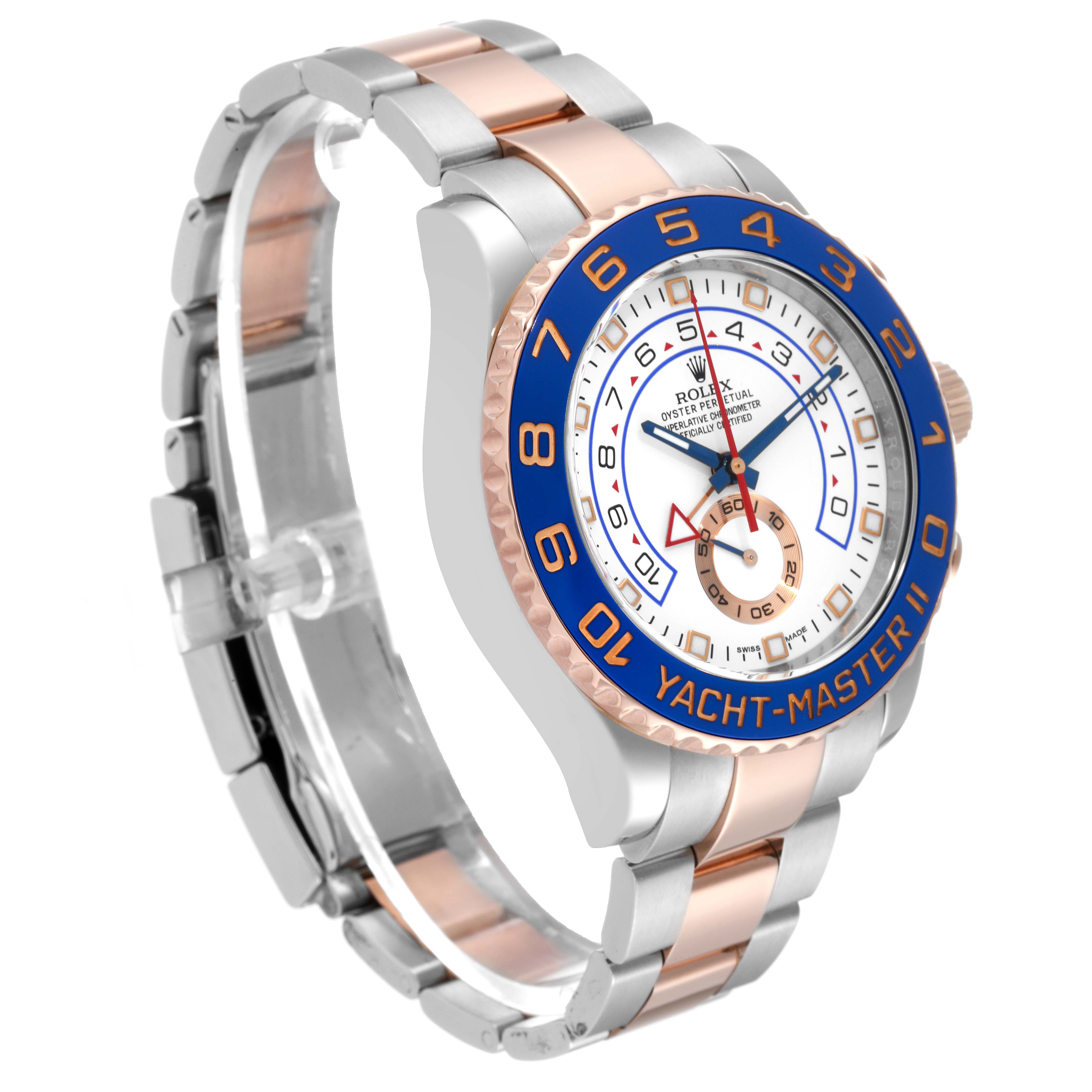 The image shows a side and front angle of the Rolex Yacht-Master 116681 Men
s Steel and Gold (two tone) White Dial 116681 Men
s Steel and Gold (two tone) White Dial watch, highlighting the dial, bezel, and bracelet.