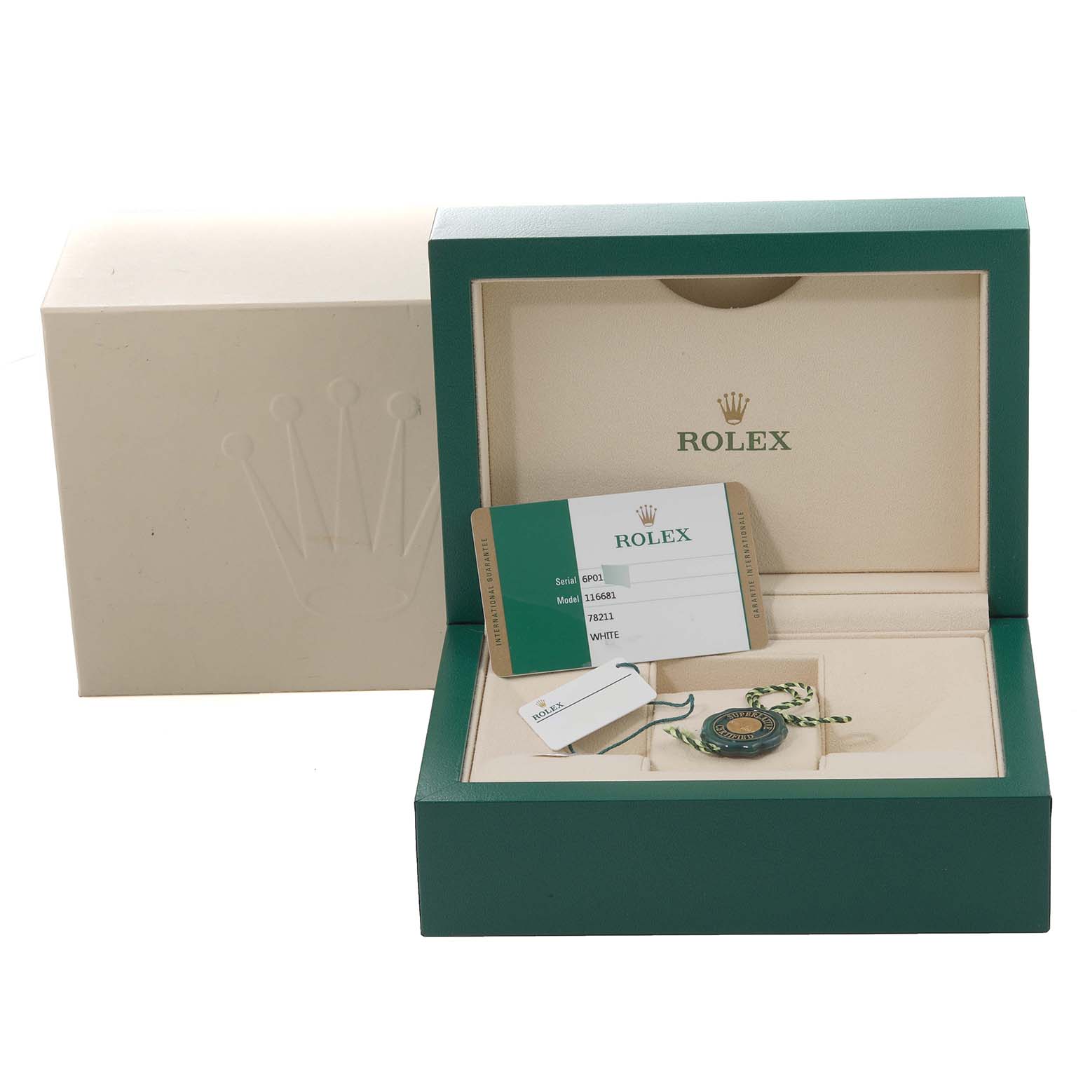 The image shows the box, warranty card, and tags for the Rolex Yacht-Master 116681 Men
s Steel and Gold (two tone) White Dial 116681 Men
s Steel and Gold (two tone) White Dial watch, photographed from a front angle.