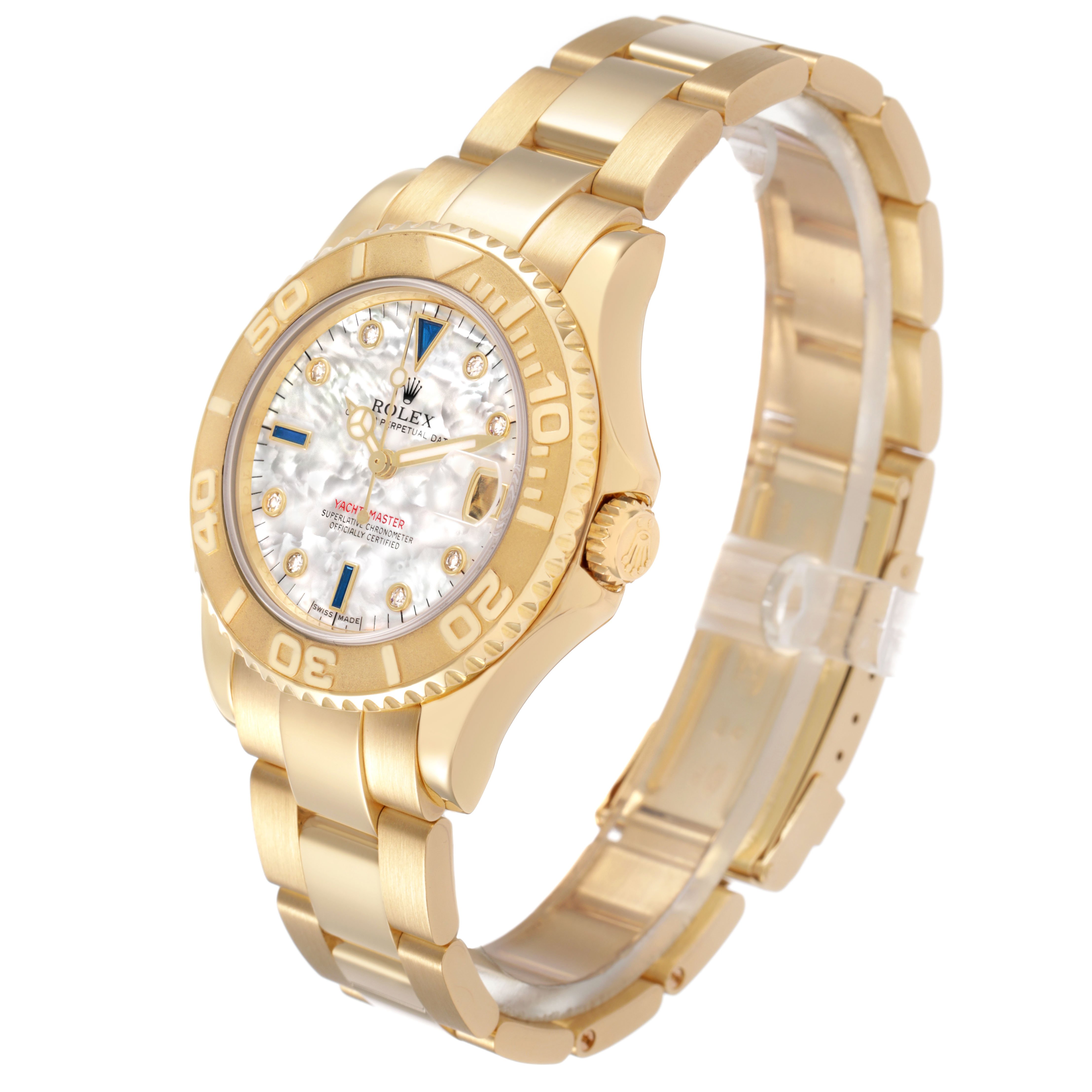 The Rolex Yacht-Master 168628 Women's Yellow Gold Mother of Pearl Dial watch is shown at a three-quarter angle, displaying the face, bezel, crown, and bracelet.