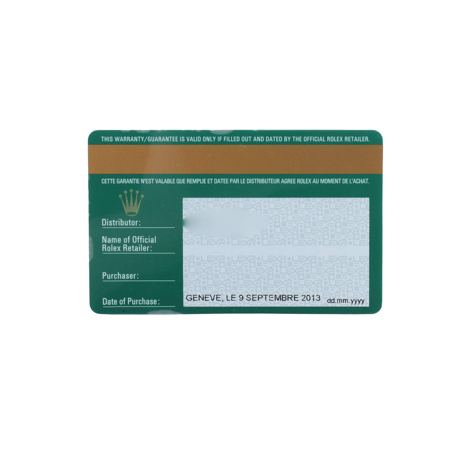 The image shows the warranty card for a Rolex Yacht-Master 168628 Women's Yellow Gold Mother of Pearl Dial, viewed from the front.