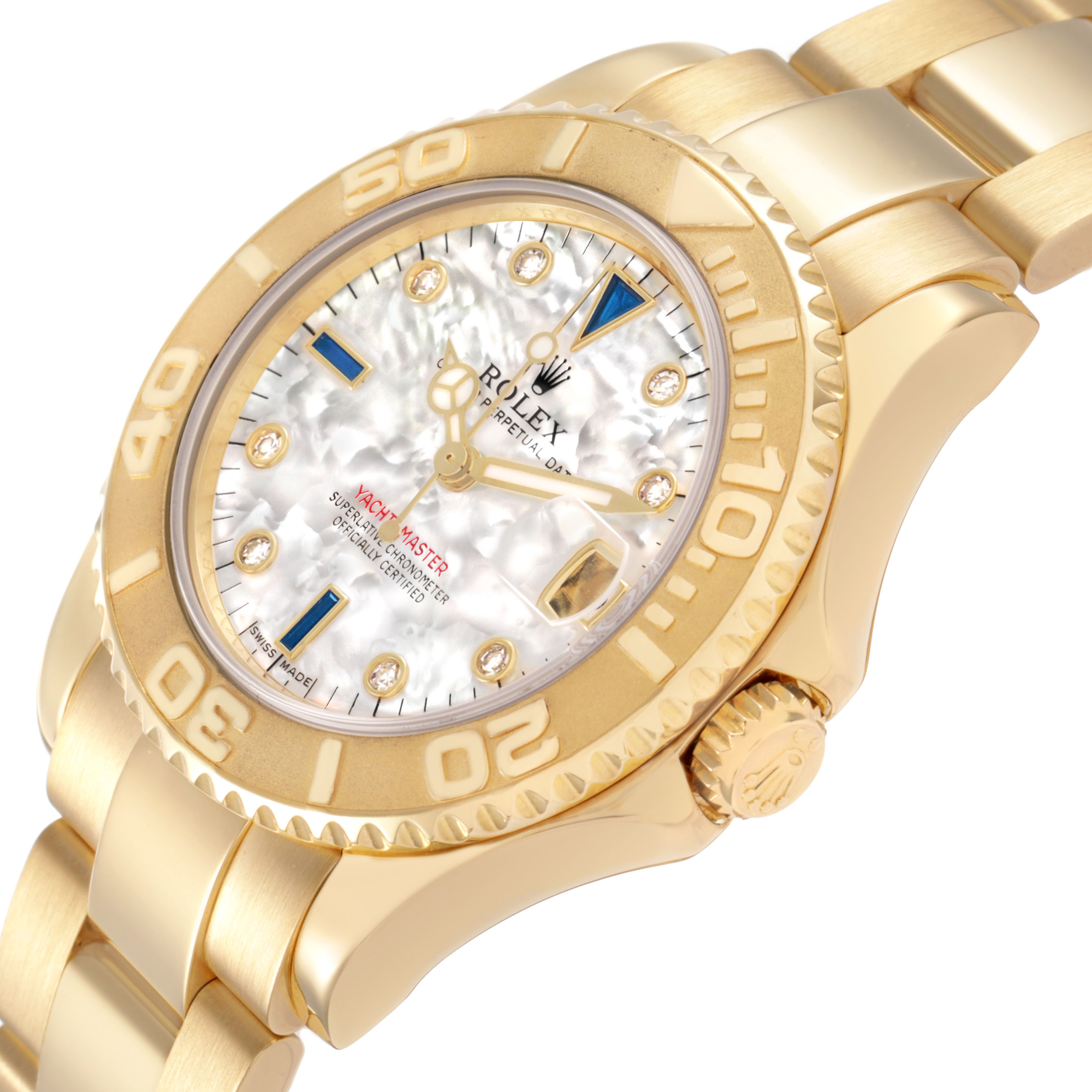The Rolex Yacht-Master 168628 Women's Yellow Gold Mother of Pearl Dial watch is shown at an angled view, highlighting the bezel, dial, crown, and bracelet.