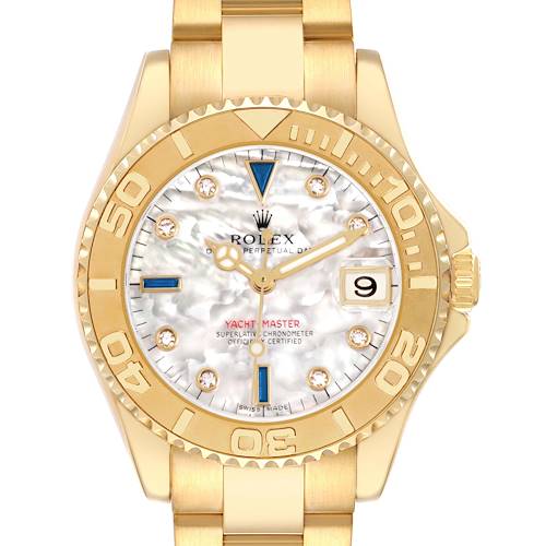 The Rolex Yacht-Master 168628 Women's Yellow Gold Mother of Pearl Dial is shown from the front, displaying the dial, bezel, and part of the bracelet.