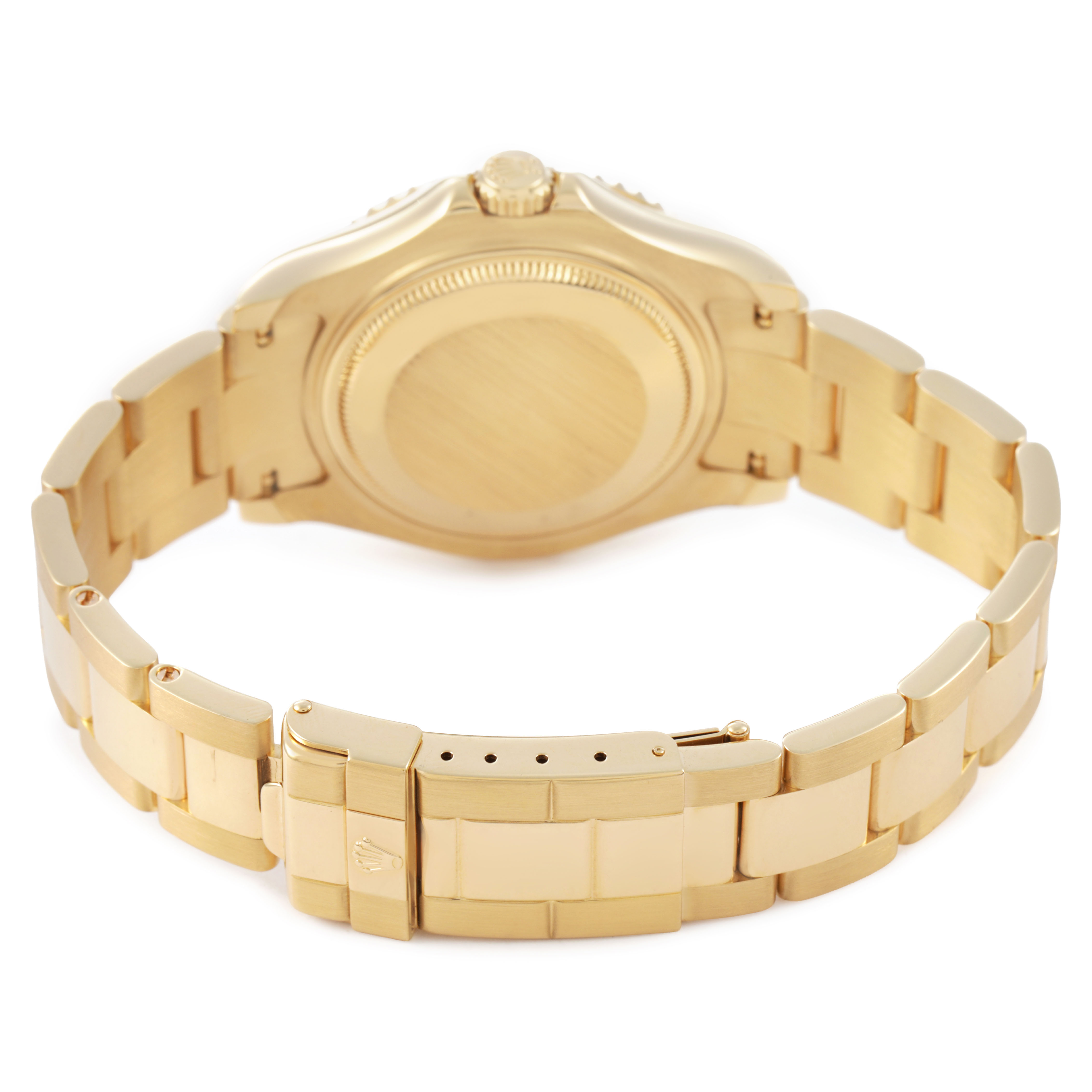The image shows the back view of a Rolex Yacht-Master 168628 Women's Yellow Gold Mother of Pearl Dial watch, highlighting the clasp and bracelet links.