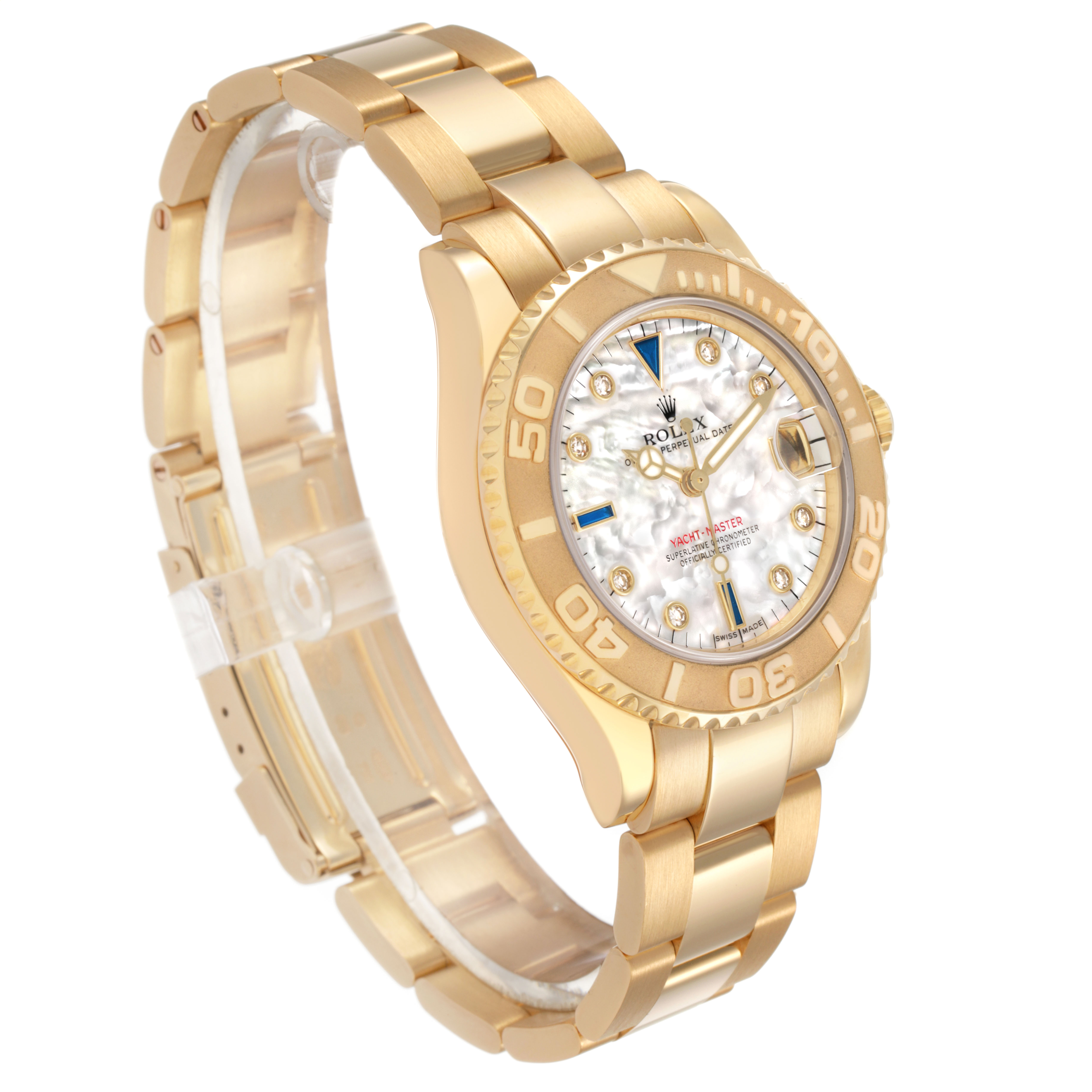 The Rolex Yacht-Master 168628 Women's Yellow Gold Mother of Pearl Dial watch is shown at a three-quarter angle, displaying its bezel, dial, and bracelet.