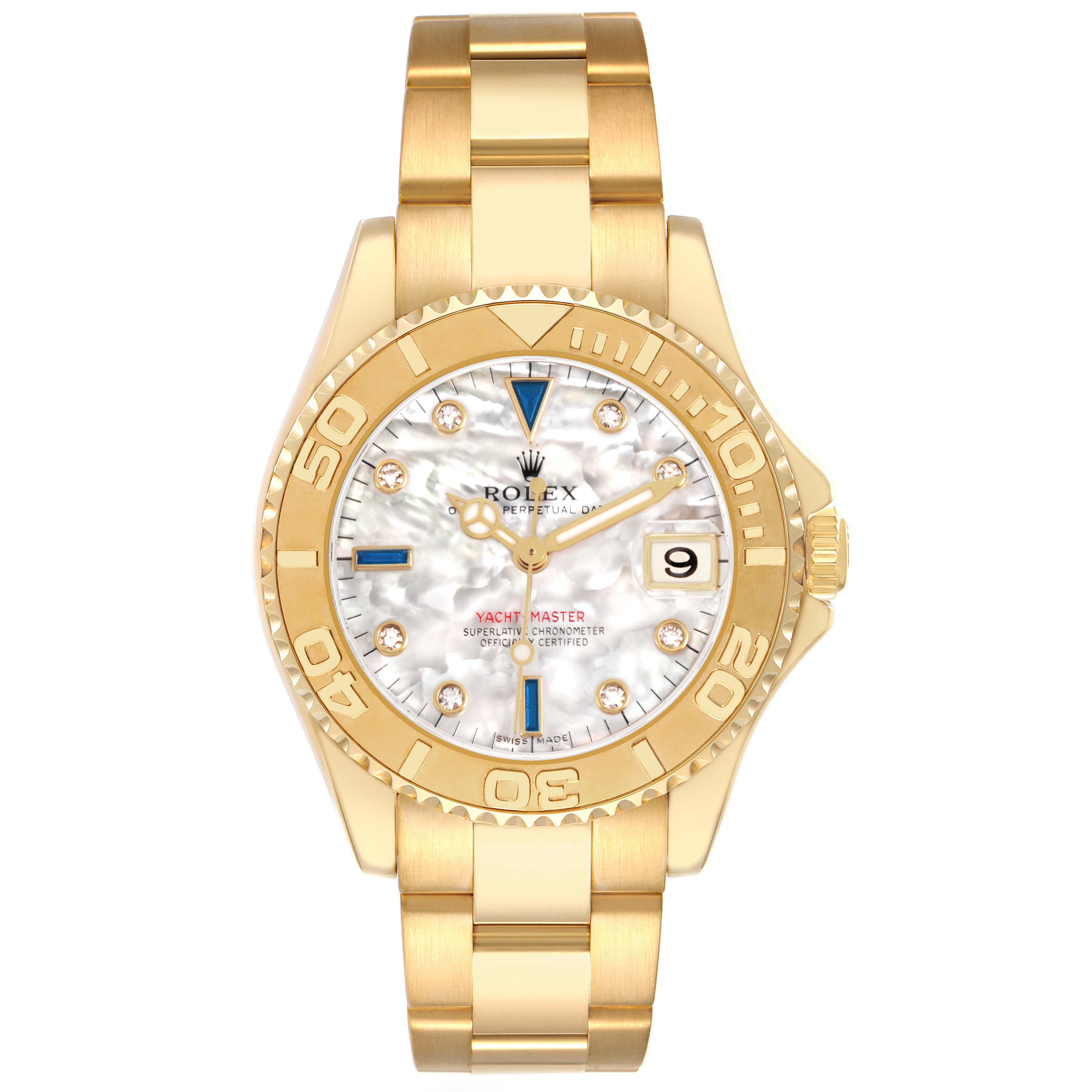 The Rolex Yacht-Master 168628 Women's Yellow Gold Mother of Pearl Dial watch is shown from a front angle, displaying the face, bezel, crown, and bracelet.