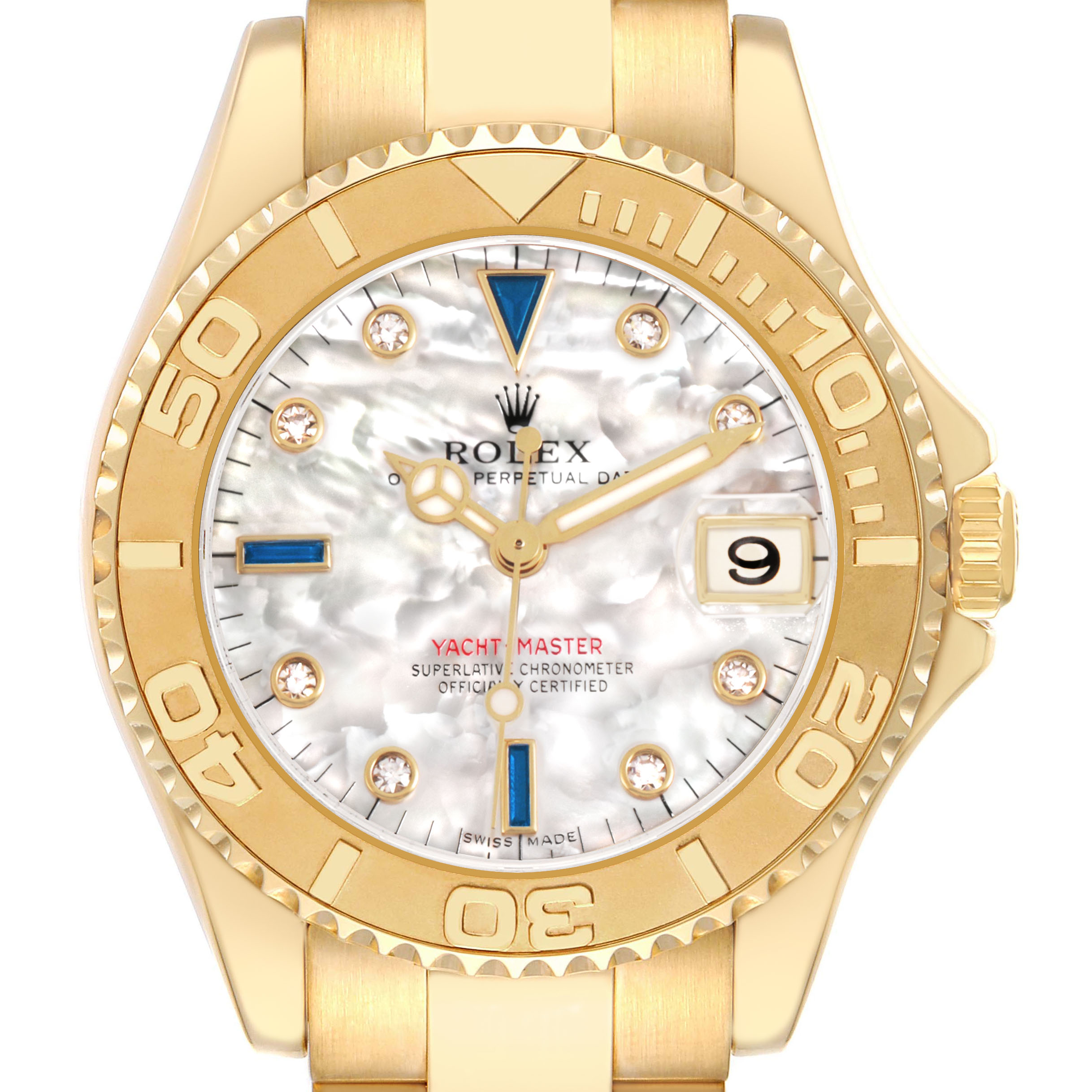 The Rolex Yacht-Master 168628 Women's Yellow Gold Mother of Pearl Dial watch is shown from the front, highlighting its bezel, dial, hands, and date window.