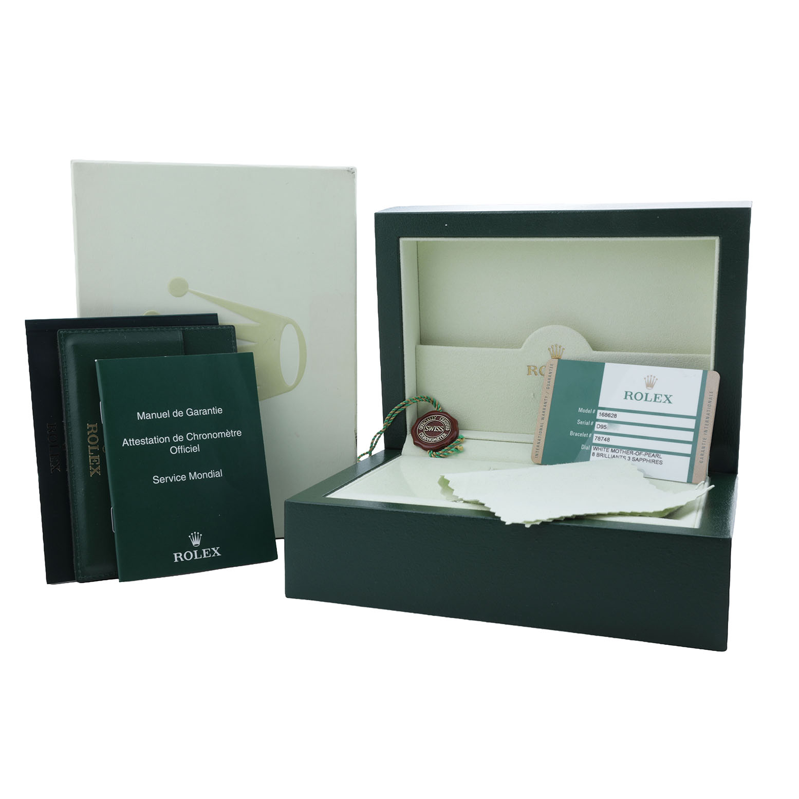 The image shows a Rolex Yacht-Master 168628 Women's Yellow Gold Mother of Pearl Dial packaging set with boxes, a warranty card, manuals, and a tag from a frontal angle.