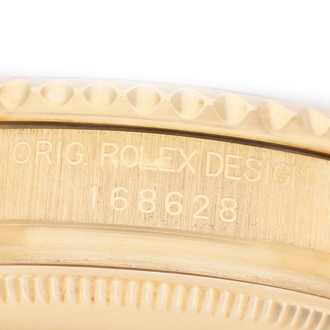 The image shows a close-up side view of the Rolex Yacht-Master 168628 Women's Yellow Gold Mother of Pearl Dial model, highlighting the engraved serial number.