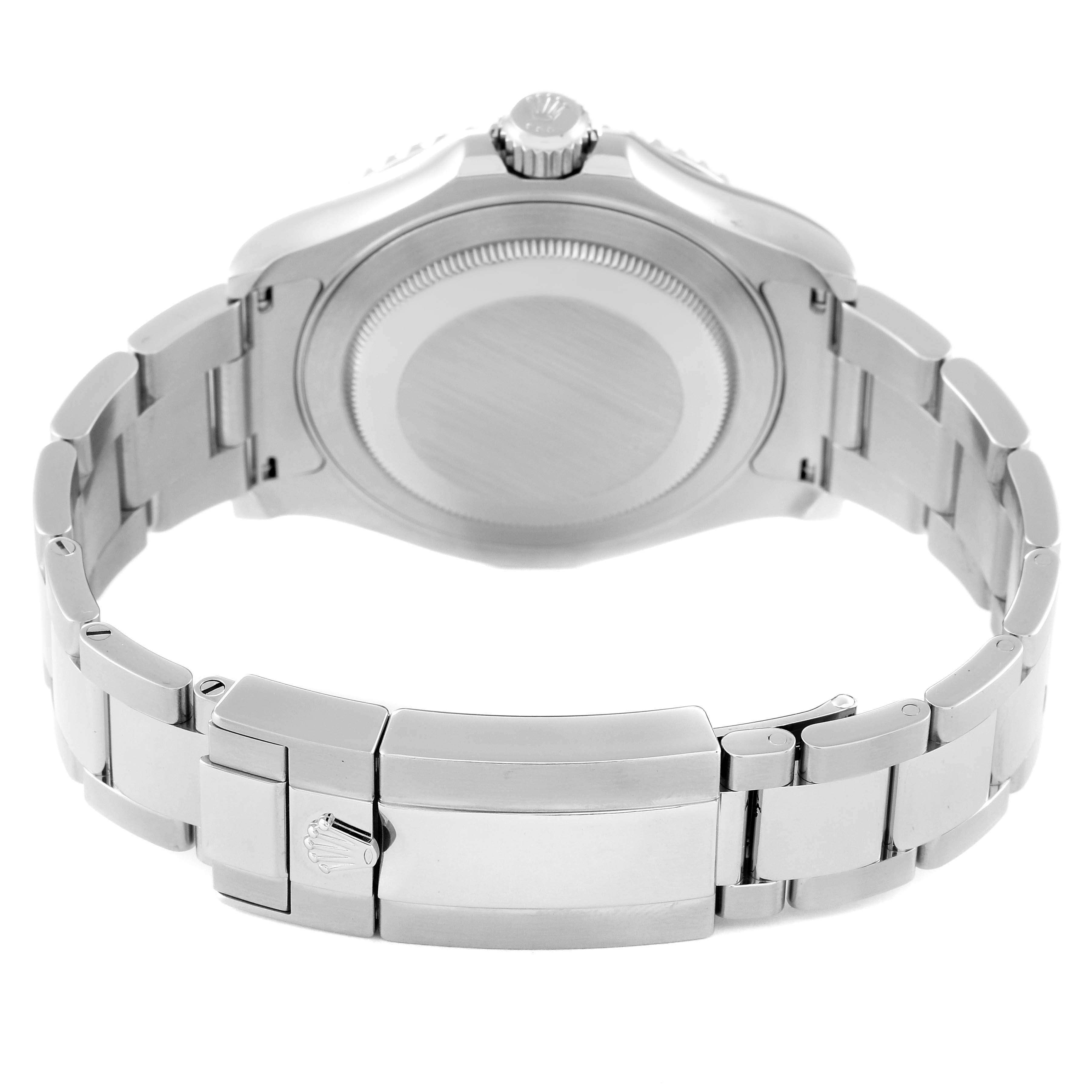 The image shows the back view and clasp of a Rolex Yacht-Master 116622 Men
s Stainless Steel Grey Dial 116622 Men
s Stainless Steel Grey Dial watch.