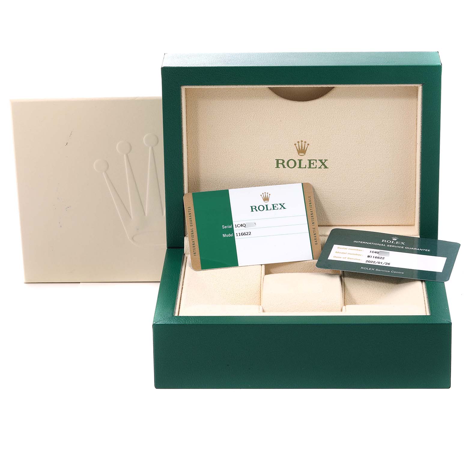 The image shows the packaging box and warranty cards of the Rolex Yacht-Master 116622 Men
s Stainless Steel Grey Dial 116622 Men
s Stainless Steel Grey Dial model.