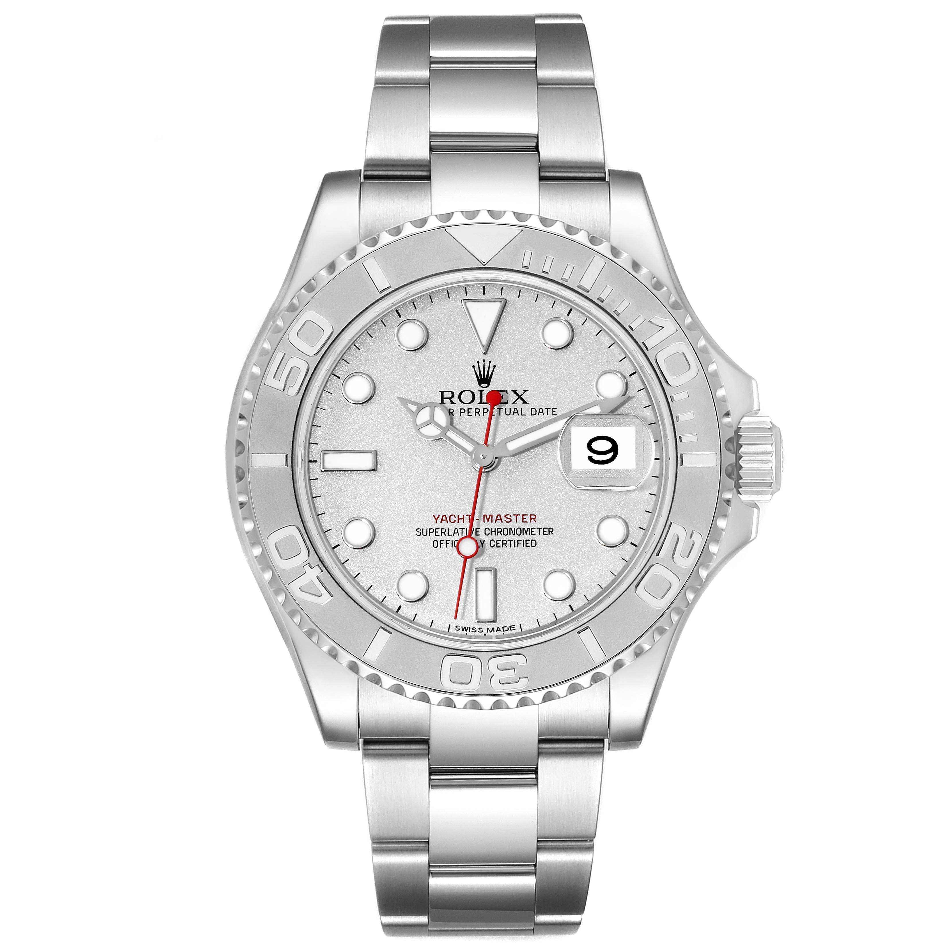 The image shows a Rolex Yacht-Master 116622 Men
s Stainless Steel Grey Dial 116622 Men
s Stainless Steel Grey Dial watch from a top-down angle, highlighting the dial, bezel, bracelet, and crown.