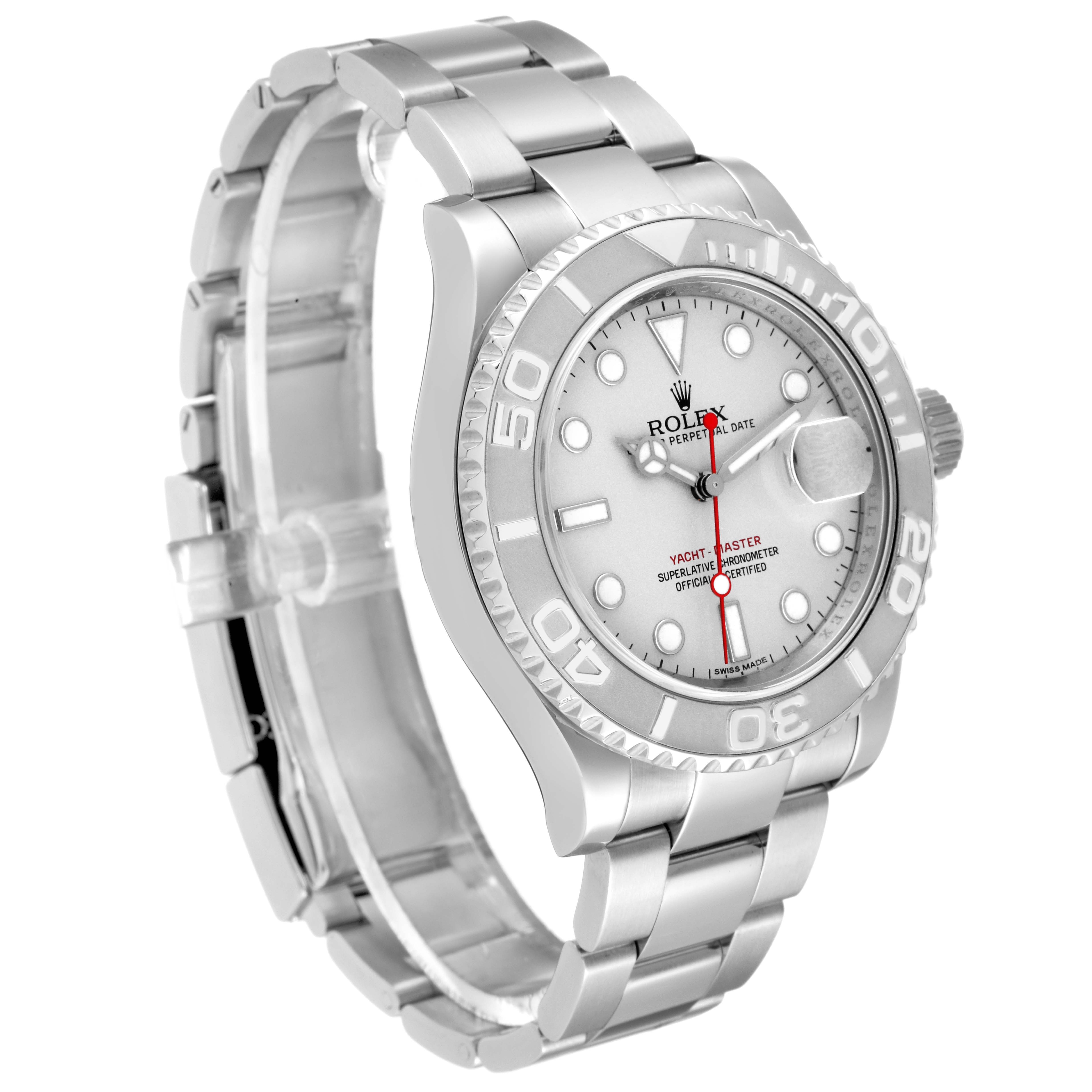 This image shows a Rolex Yacht-Master 116622 Men
s Stainless Steel Grey Dial 116622 Men
s Stainless Steel Grey Dial watch at an oblique angle, featuring its face, bezel, crown, and bracelet.