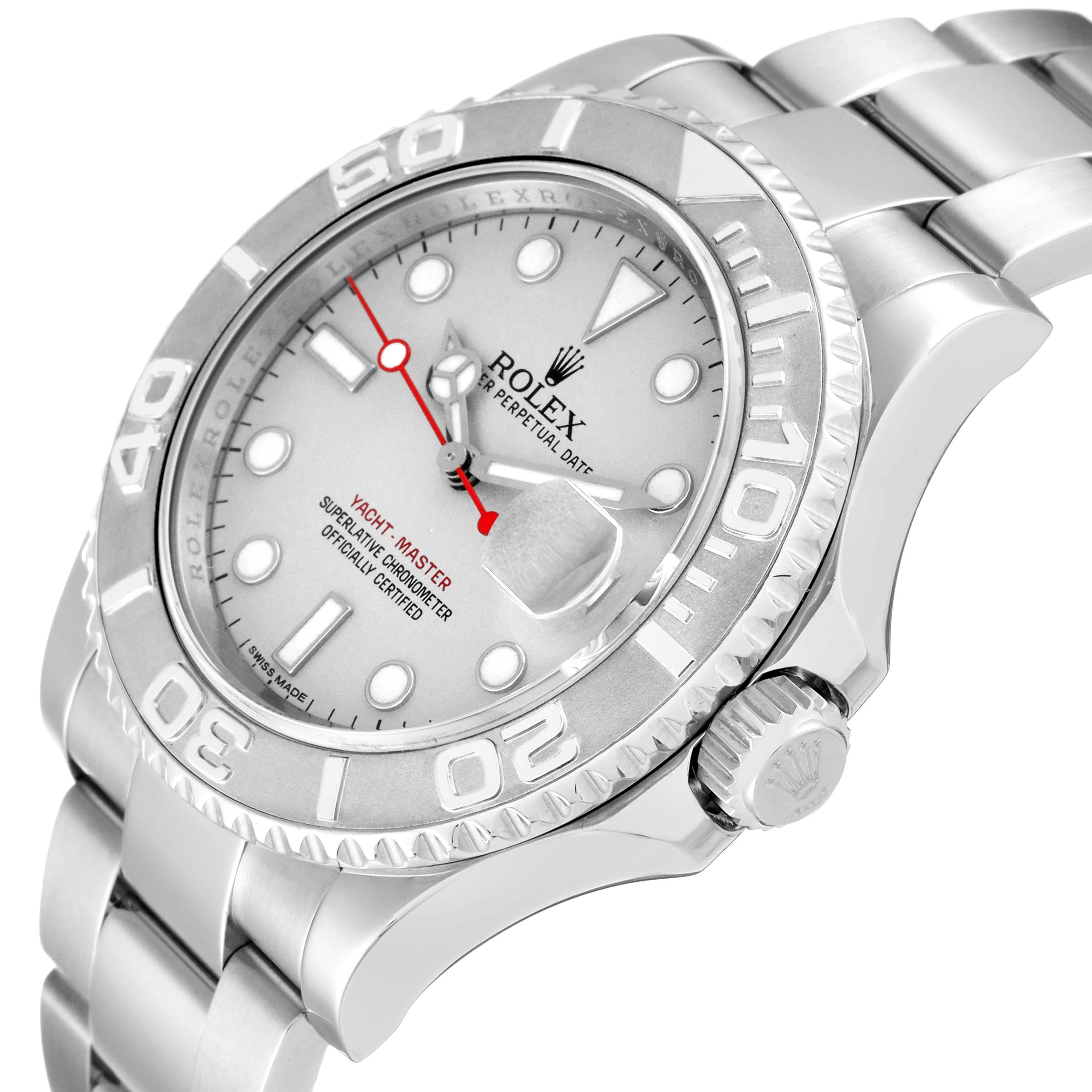 The image shows a Rolex Yacht-Master 116622 Men
s Stainless Steel Grey Dial 116622 Men
s Stainless Steel Grey Dial watch at an angle showcasing the face, bezel, and part of the bracelet.
