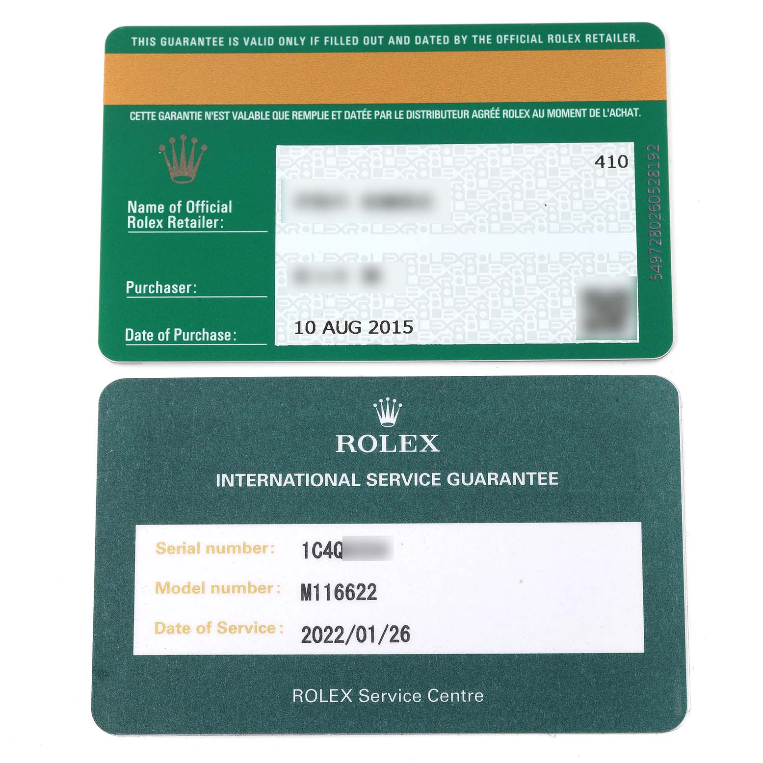 The image shows the warranty and service guarantee cards for a Rolex Yacht-Master 116622 Men
s Stainless Steel Grey Dial 116622 Men
s Stainless Steel Grey Dial model.