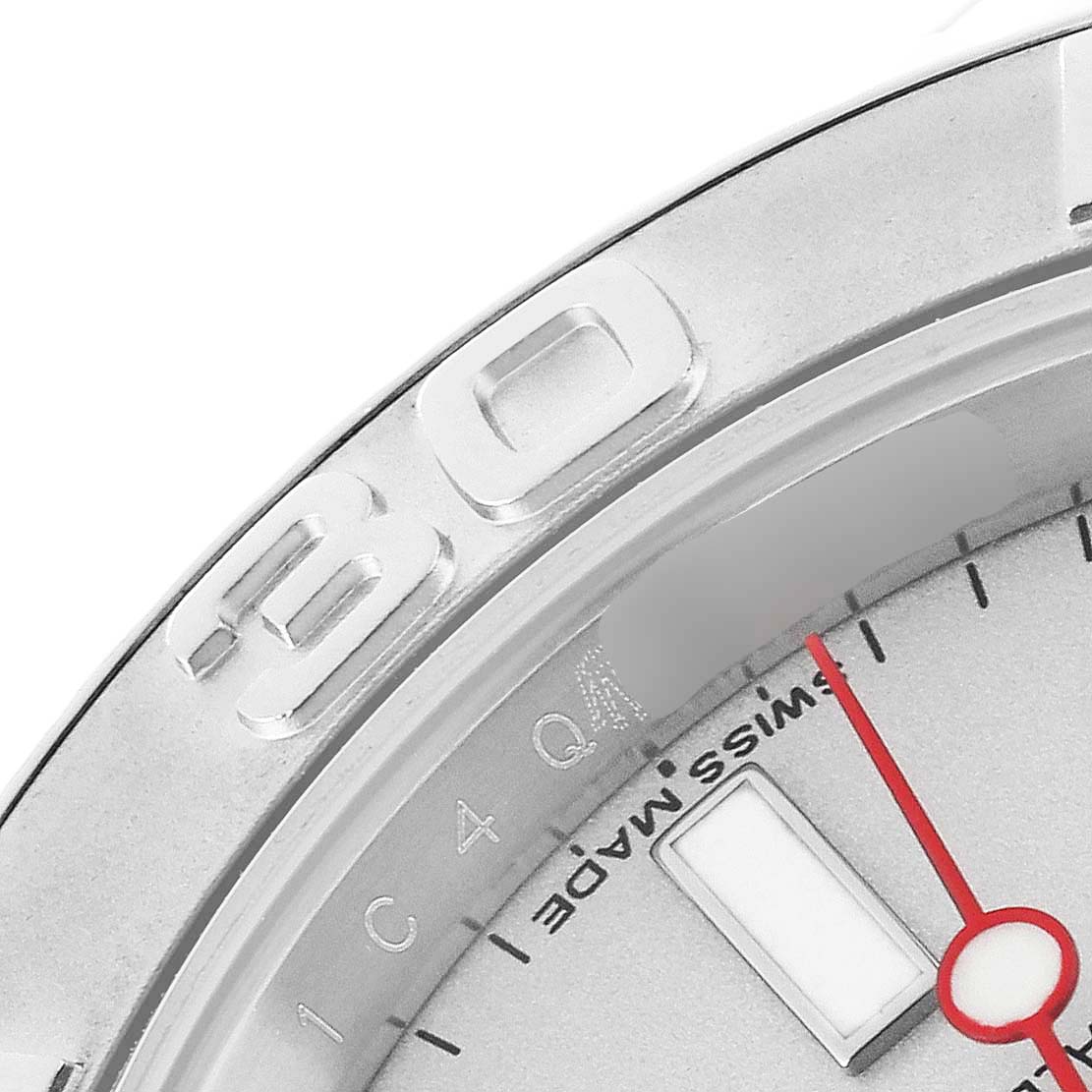 This close-up of the Rolex Yacht-Master 116622 Men
s Stainless Steel Grey Dial 116622 Men
s Stainless Steel Grey Dial watch shows part of its bezel and dial, including the "30" mark and "Swiss Made" text.